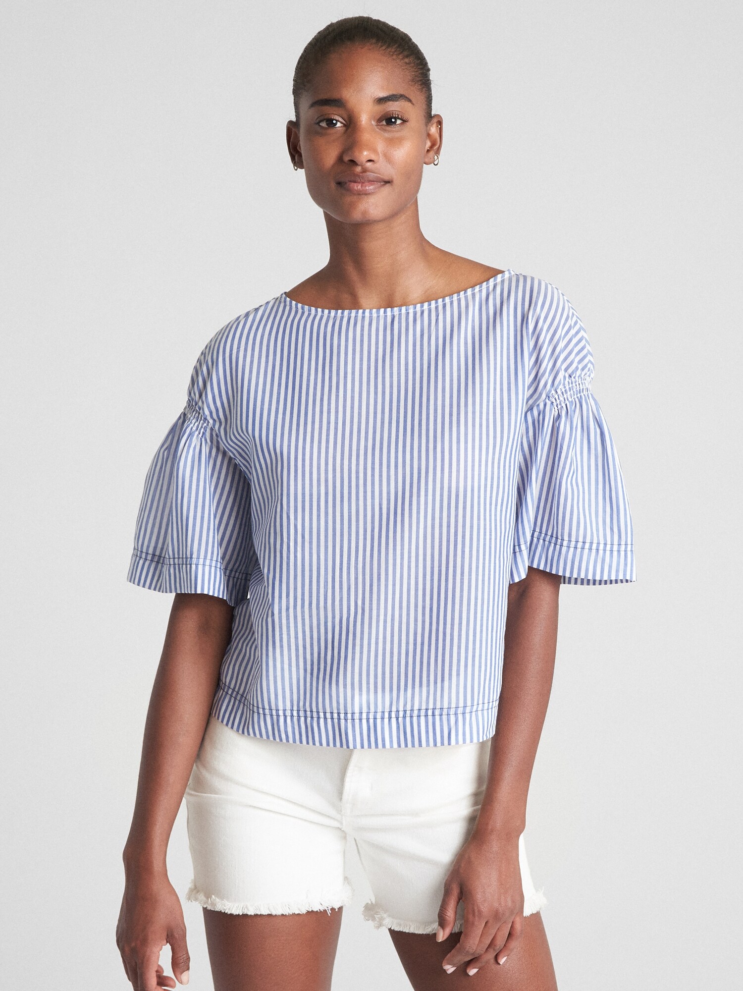 4746【美品】サカイ　半袖ストライプブラウス 編上げ レースアップ 青 S sacai - 4746【美品】サカイ 半袖ストライプブラウス 編上げ