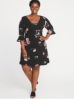 V Neck Flute Sleeve Fit Flare Plus Size Dress V Neck Flute Sleeve Fit Flare Plus Size Dress