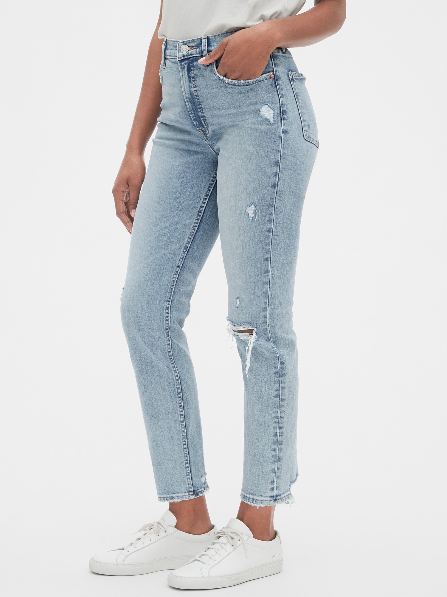 High Rise Distressed Cigarette Jeans with Secret Smoothing Pockets With  Washwell™