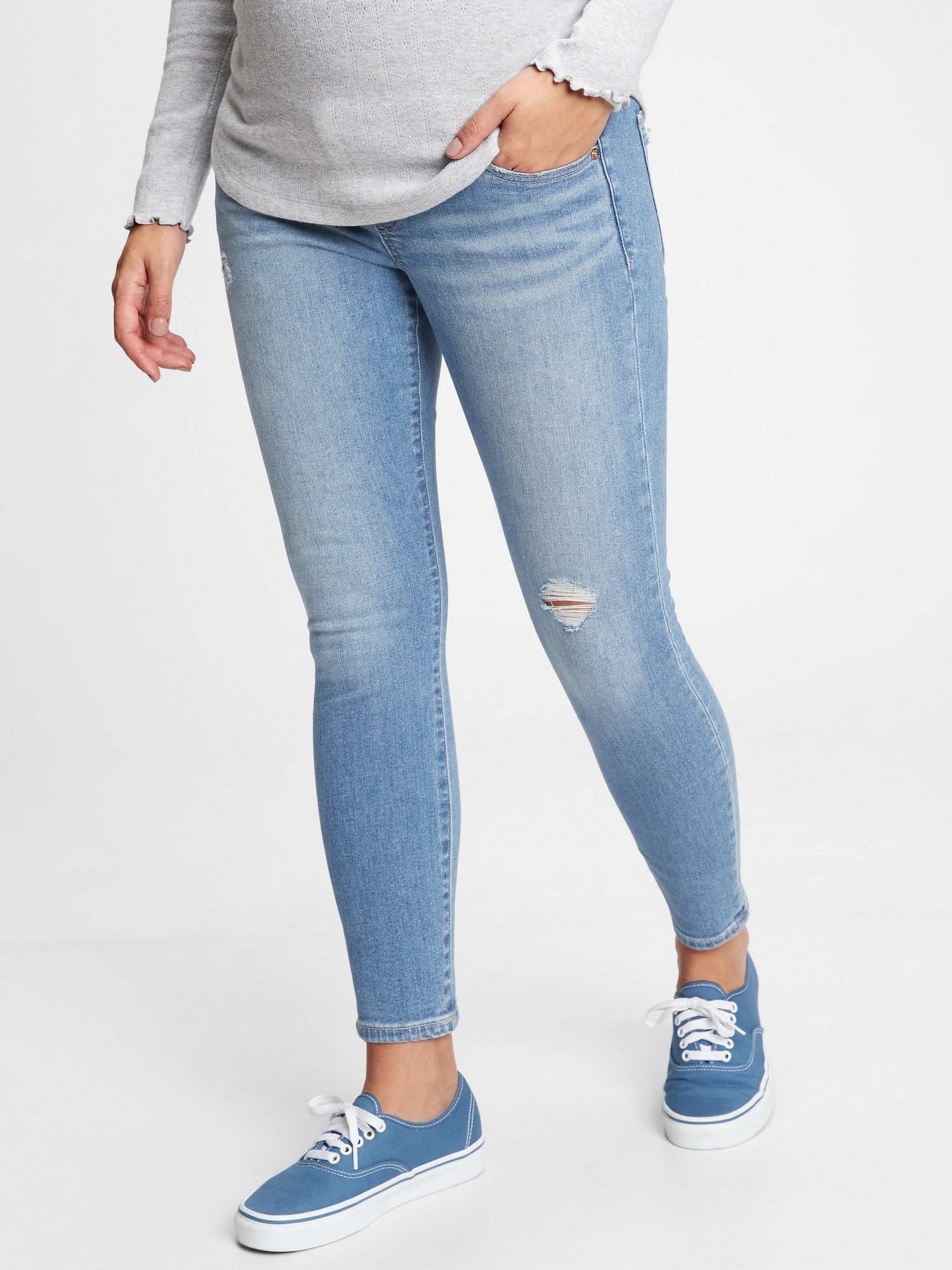 Maternity True Waistband Full Panel Destructed Skinny Ankle Jeans