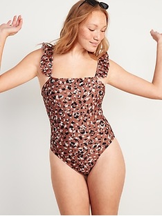 Oldnavy Square-Neck Ruffled Strap French-Cut One-Piece Swimsuit for Women