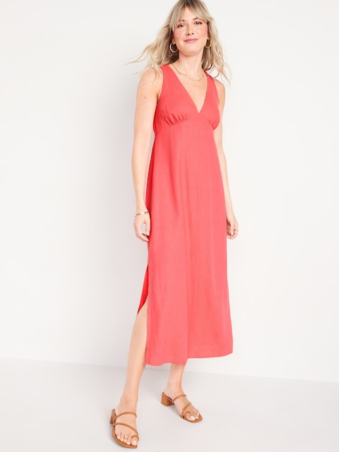 Sleeveless V-Neck Tie-Back Smocked Maxi Shift Dress