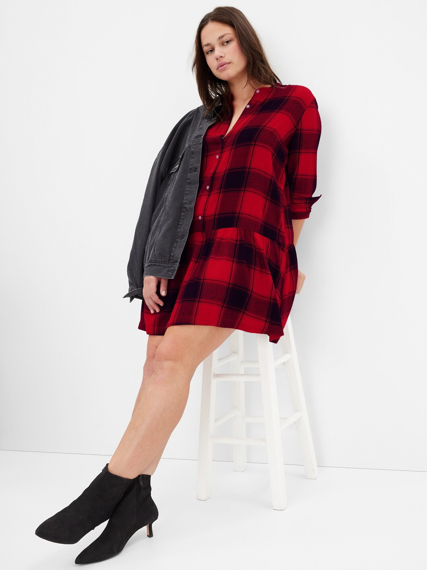 green emerald velvet dress Rihoas Plaid Button Front Collar A Line Mini Dress