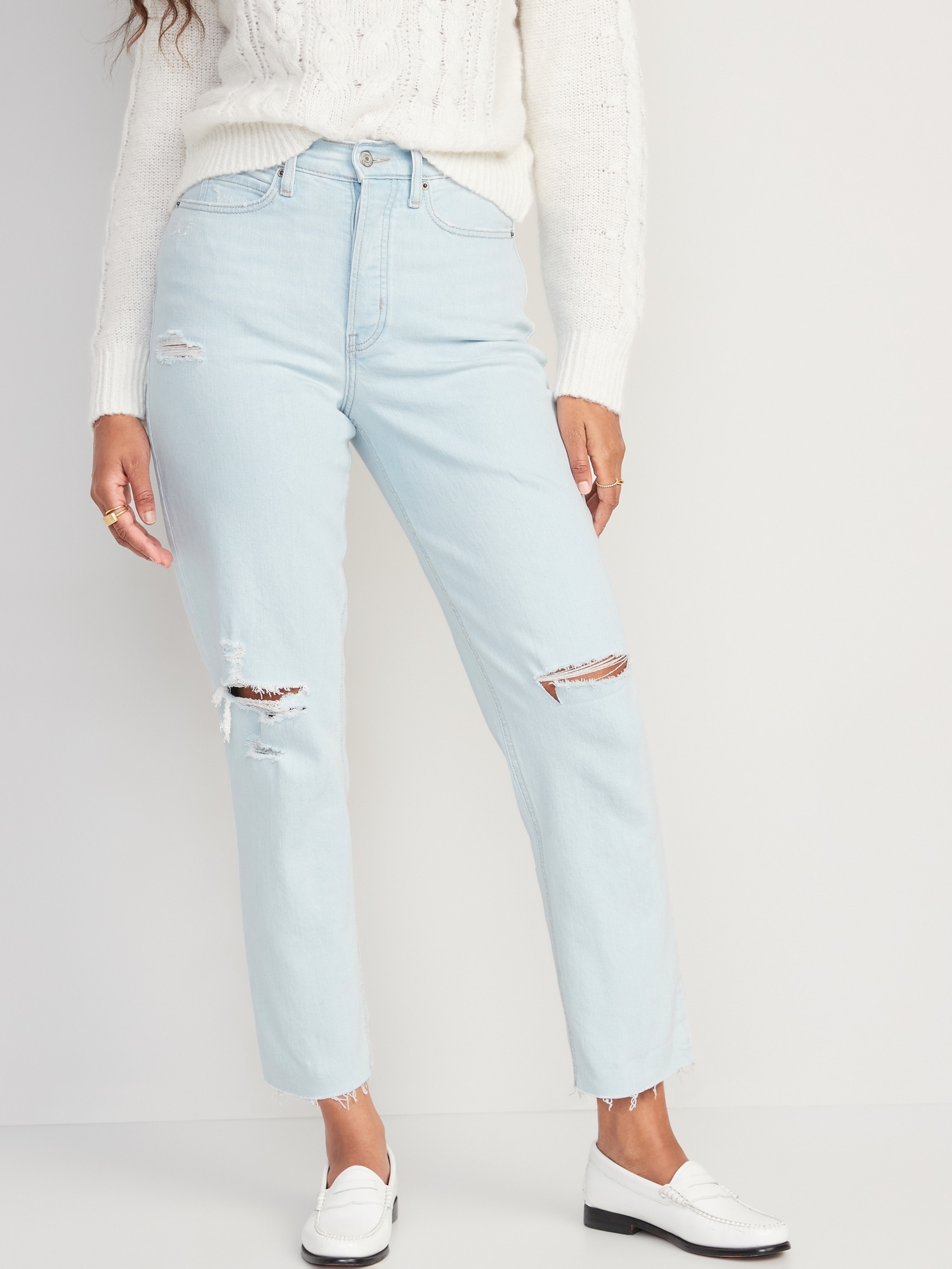 Curvy Extra High-Waisted Button-Fly Straight Ripped Cut-Off Jeans