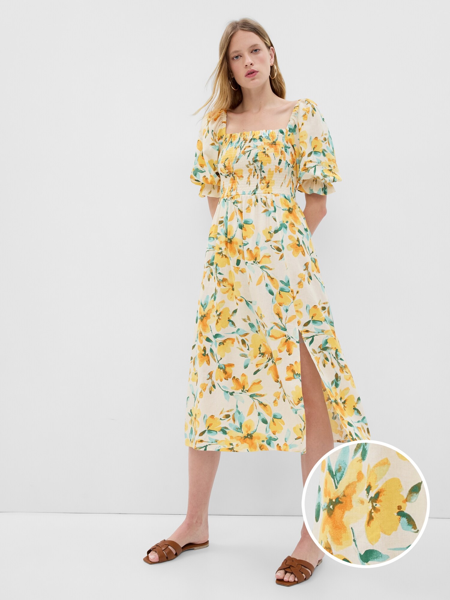 Linen-Blend Puff Sleeve Midi Dress | Gap