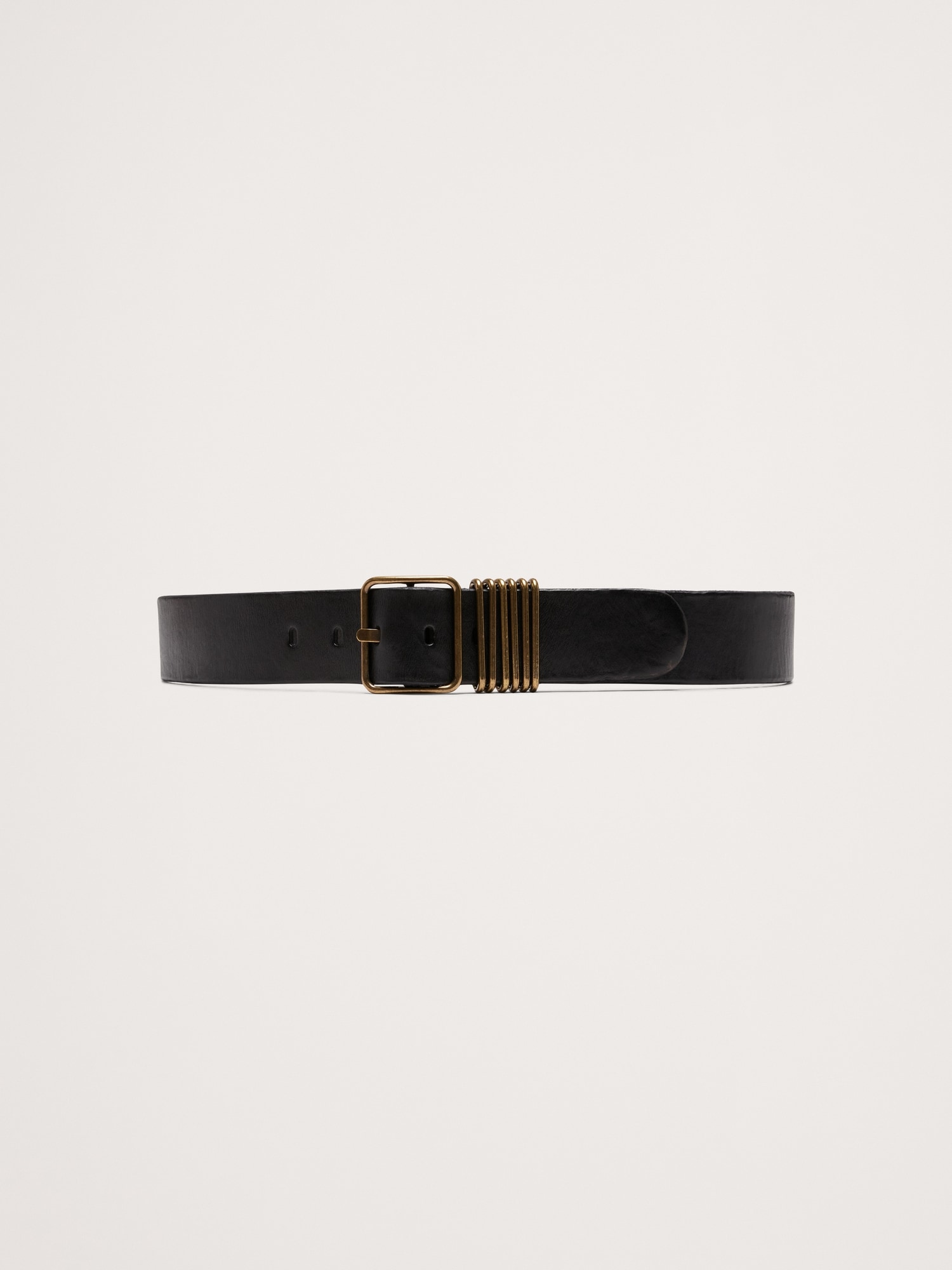 Leather Square-Buckle Waist Belt With 6 Bars