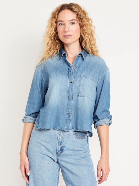 Cropped Button-Down Denim Shirt