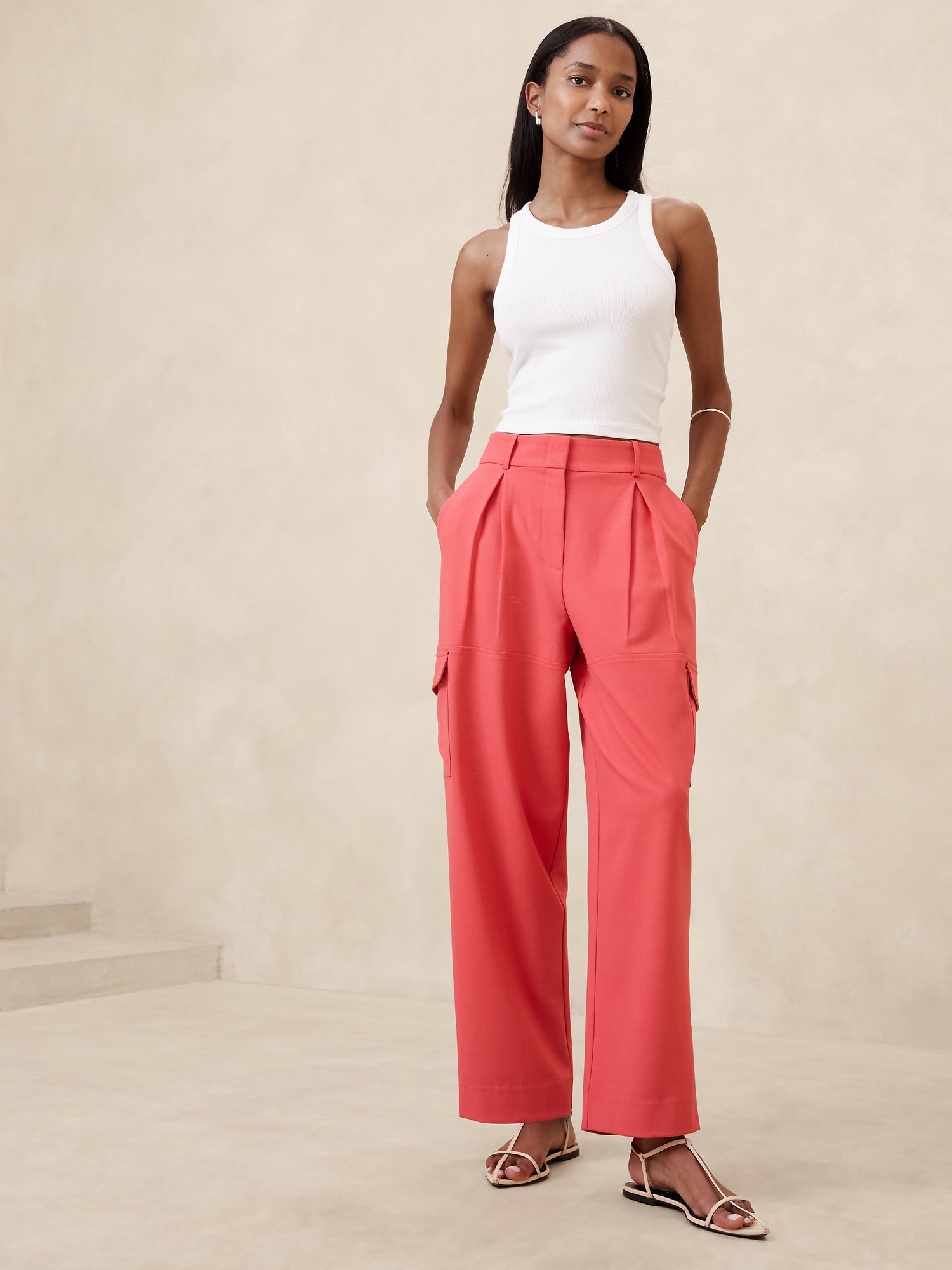 PANTALON CARGO DROIT À TAILLE HAUTE EN SERGÉ