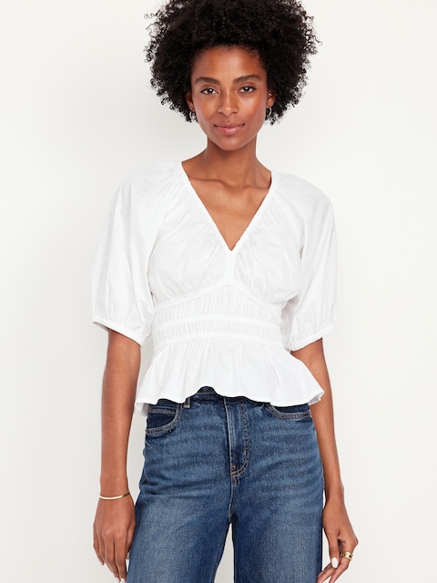 Smocked V-Neck Peplum Top