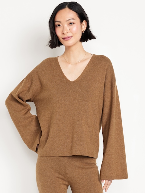 Bell-Sleeve V-Neck Sweater