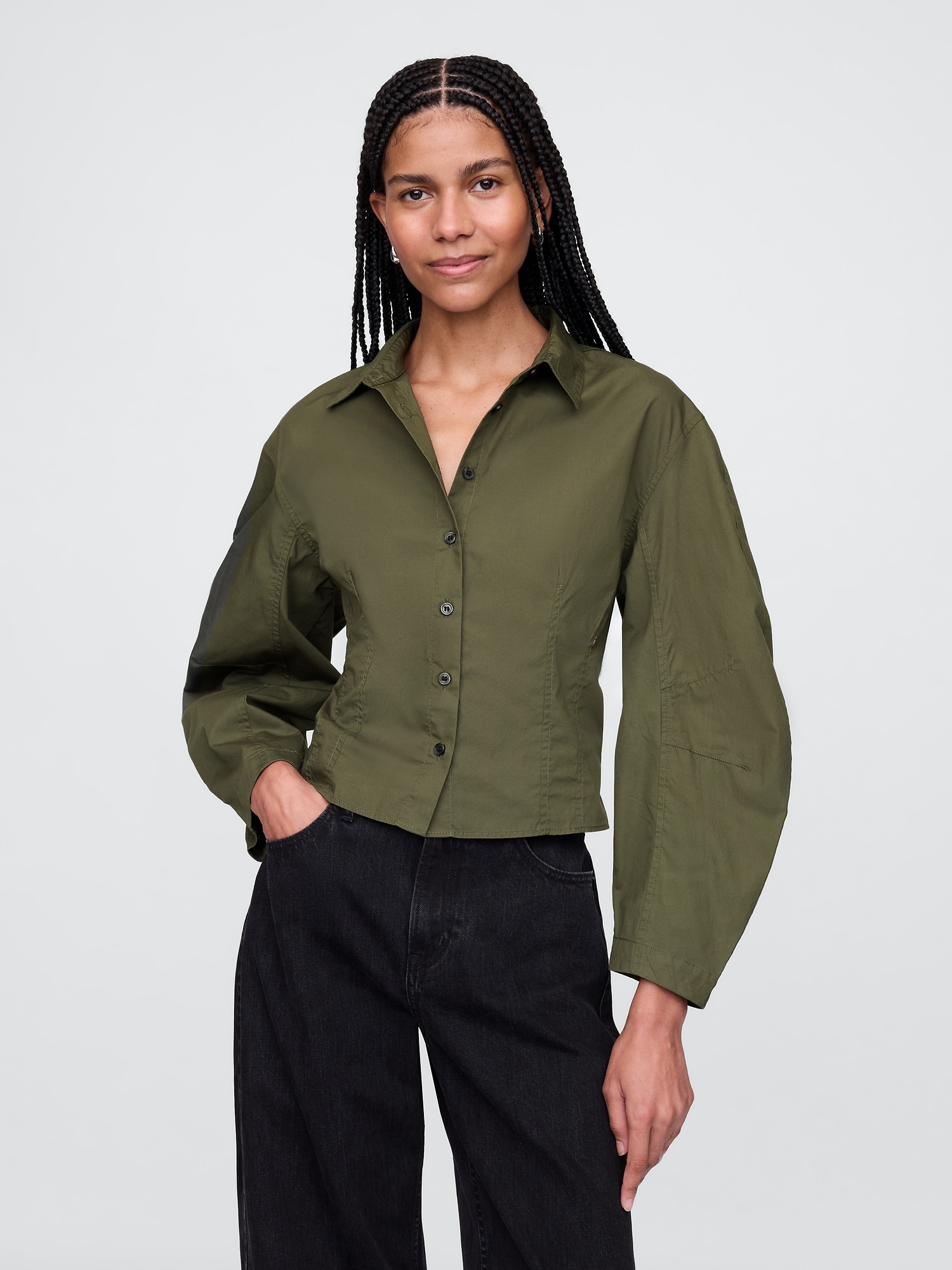 Organic Cotton Poplin Barrel-Sleeve Crop Shirt
