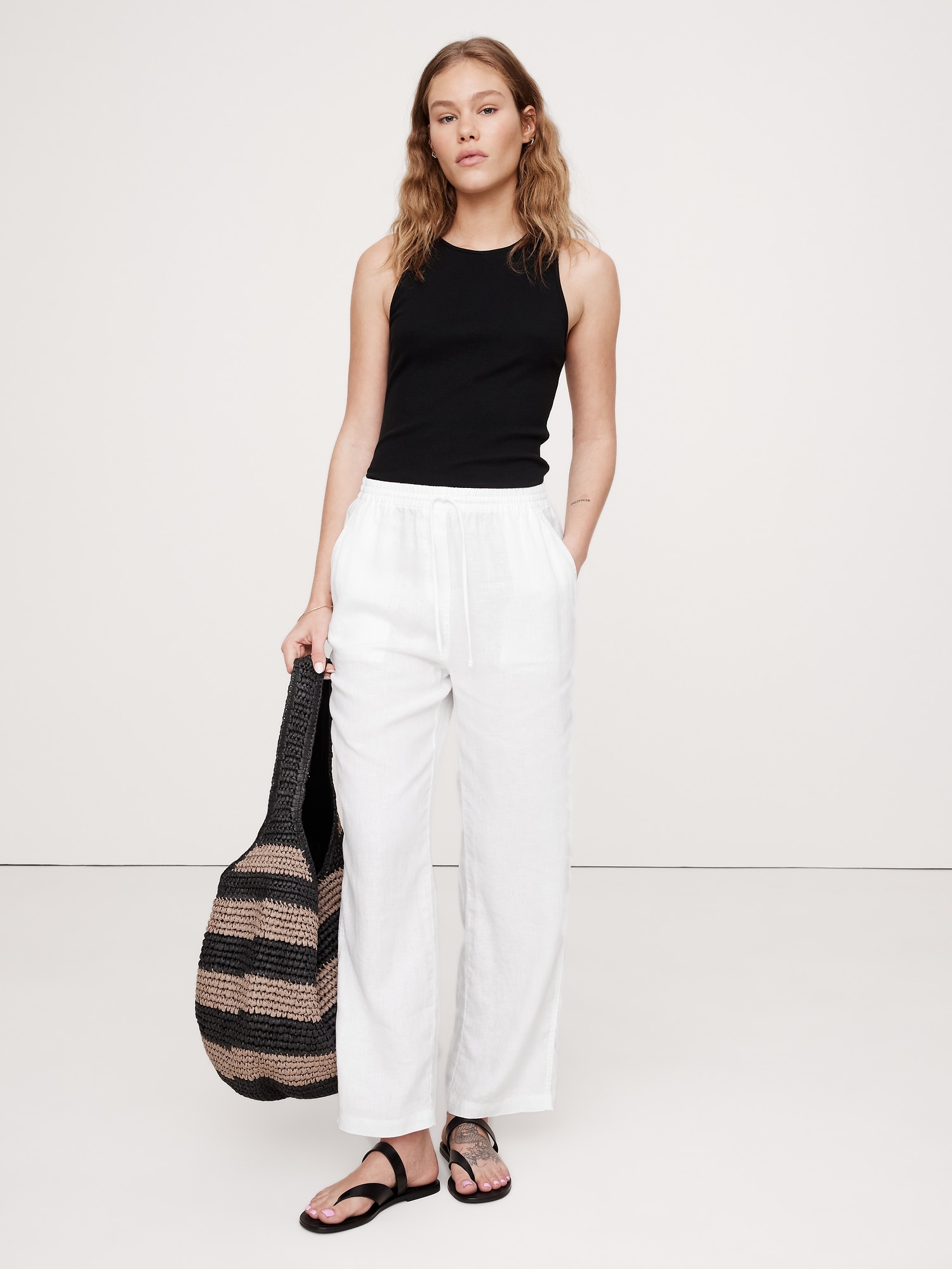 Linen Pull-On Ankle Pant - White (Semi