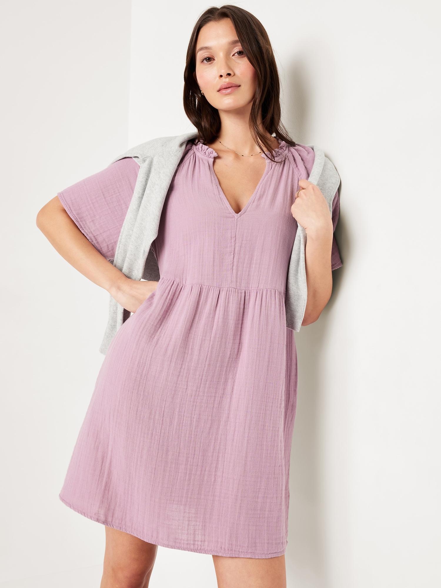 old navy split neck crinkle gauze mini swing dress Split-Neck Crinkle Gauze Mini Swing Dress