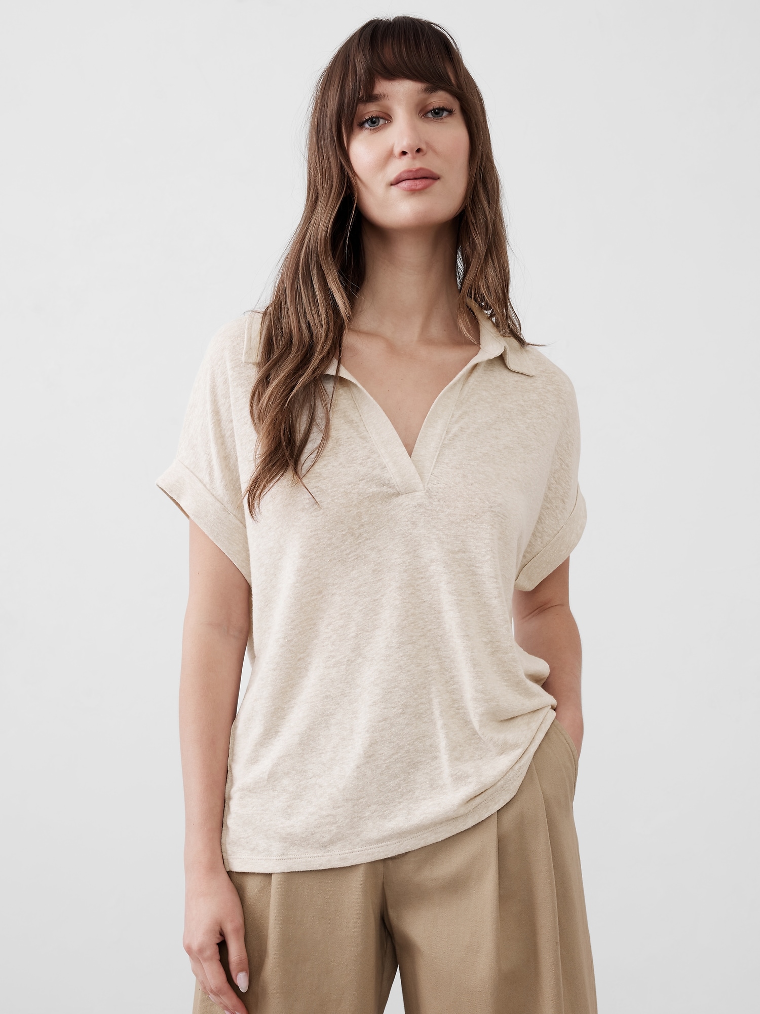 【BANANA REPUBLIC】Open-collar Linen Shirt Linen-Blend Johnny Collar Shirt | Banana Republic Factory