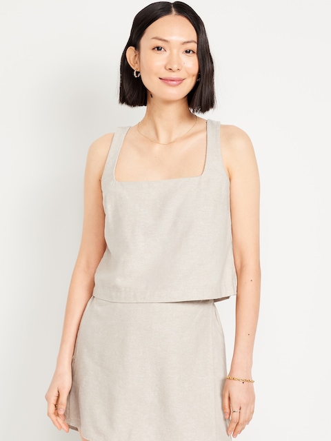Cropped Square-Neck Linen-Blend Top