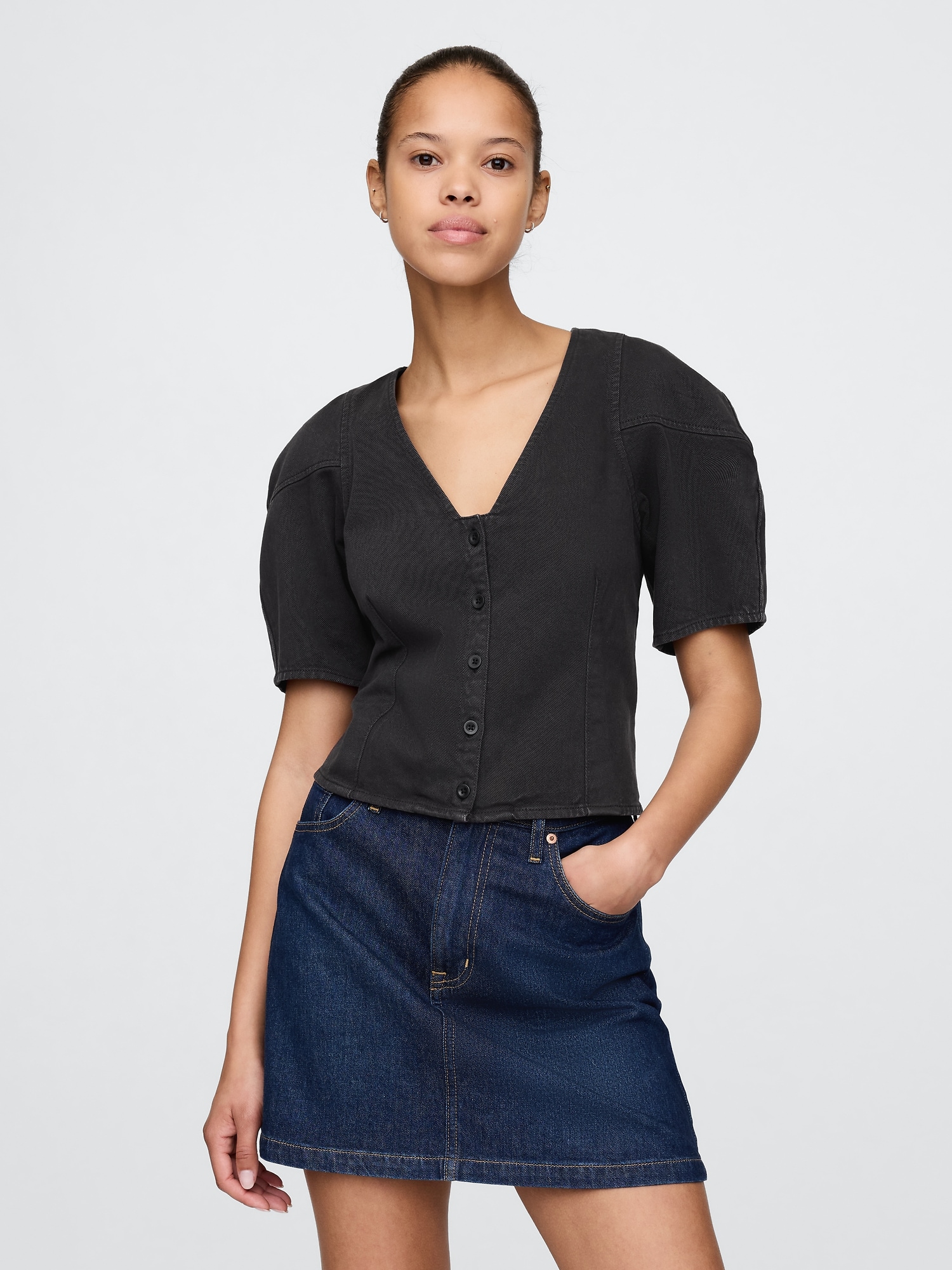 Denim Barrel-Sleeve Crop Shirt