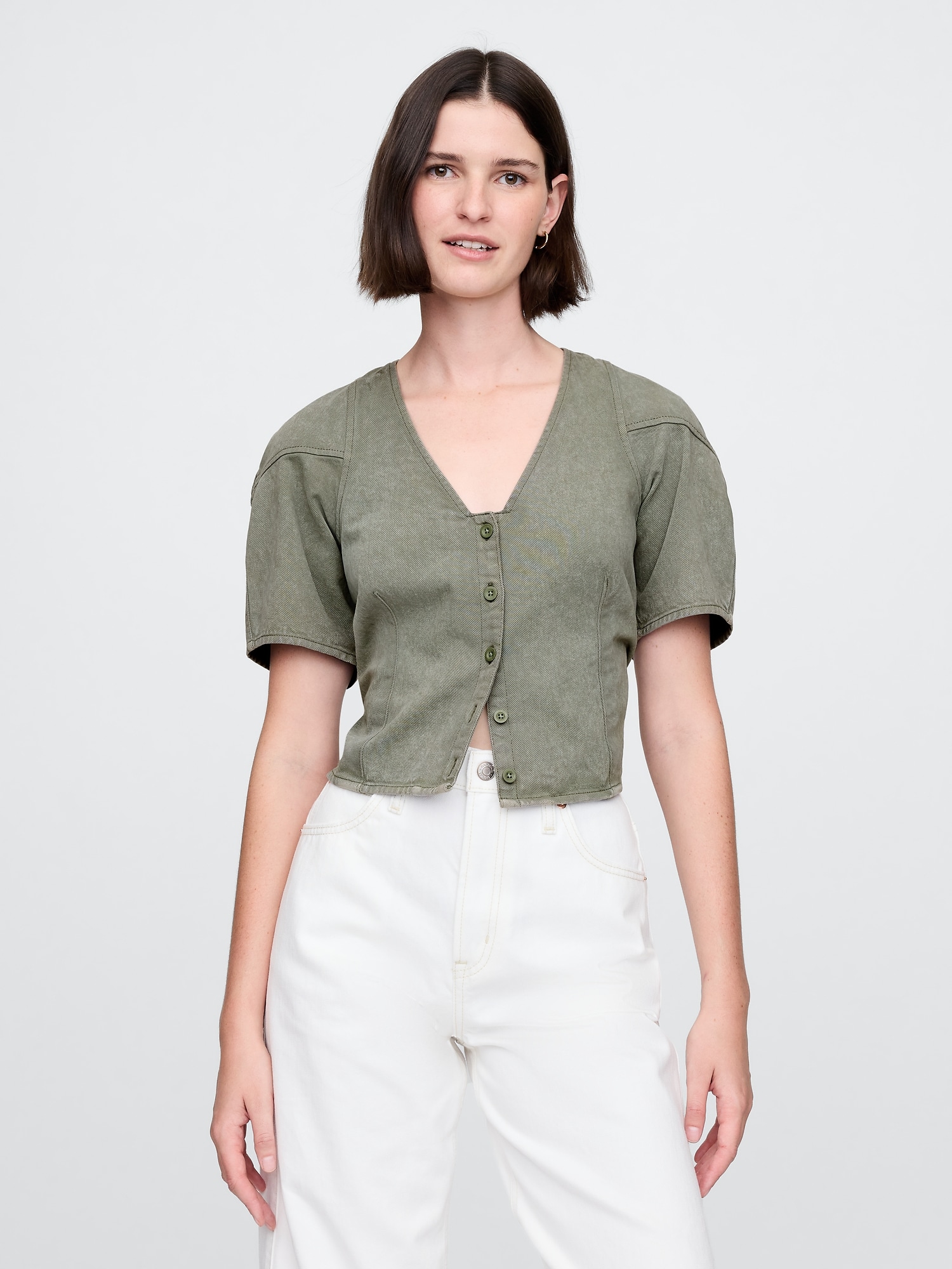 Denim Barrel-Sleeve Crop Shirt