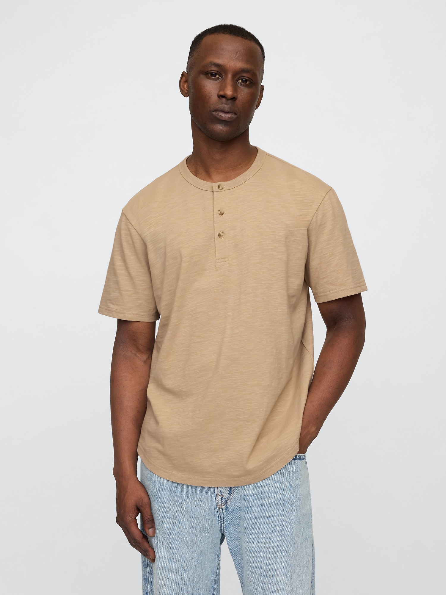 Lived-In Relaxed Curved Hem Henley T-Shirt