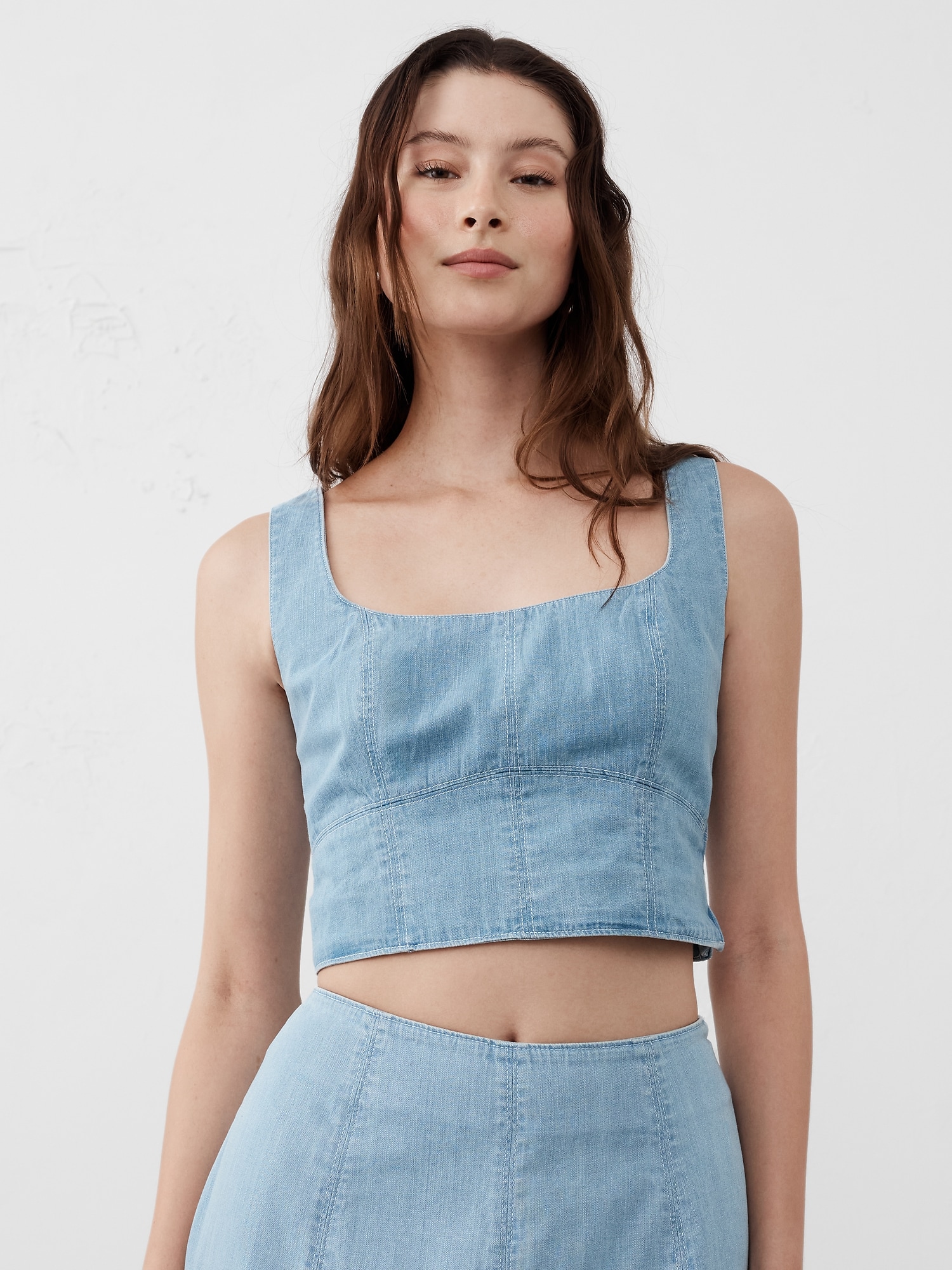 Seamed Square-Neck Denim Bustier