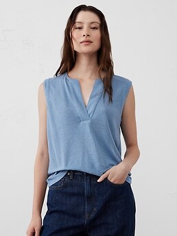 Linen-Blend Split-Neck Tank | Banana Republic Factory