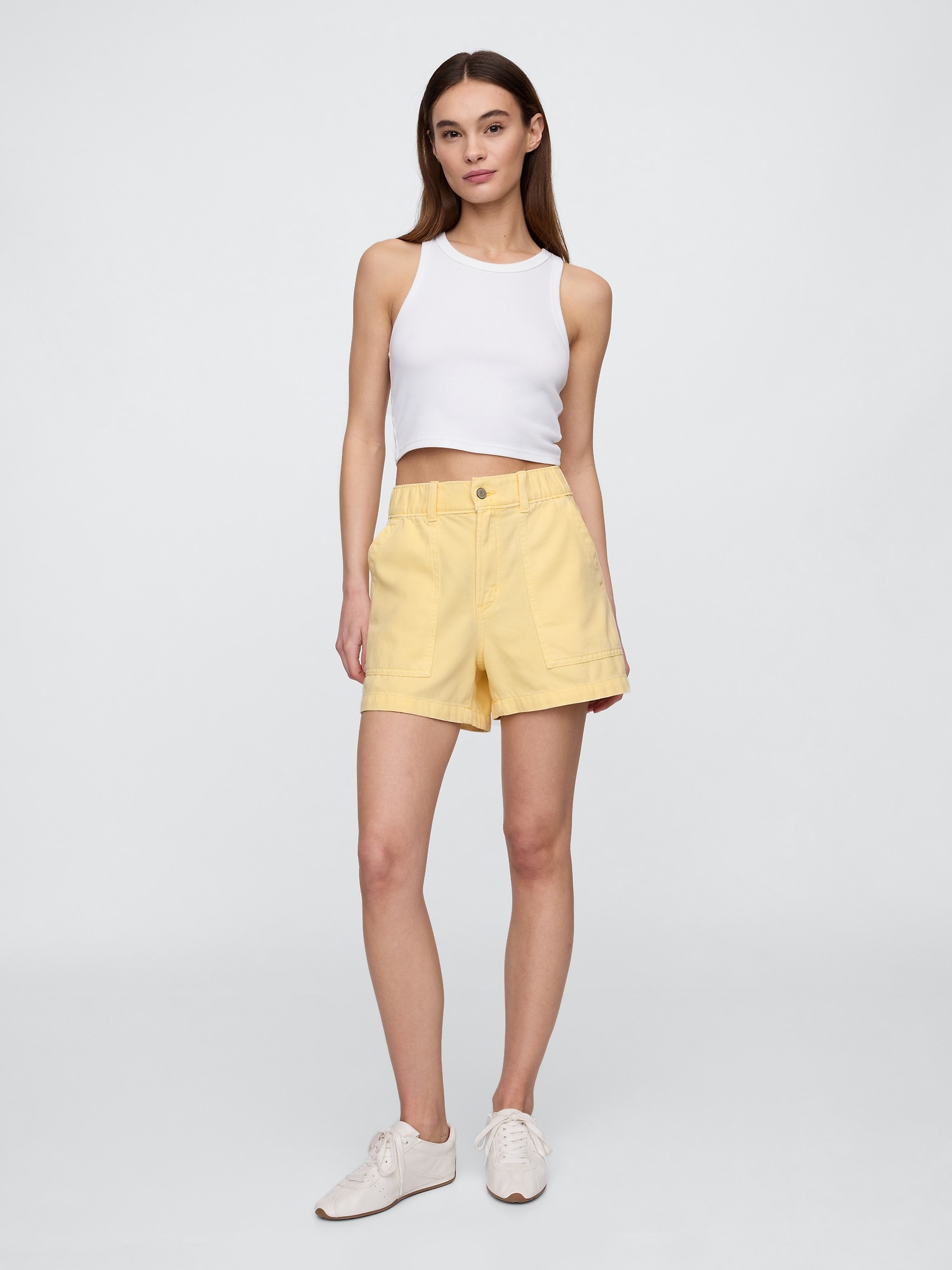 4" High Rise SuperSoft Denim Utility Shorts