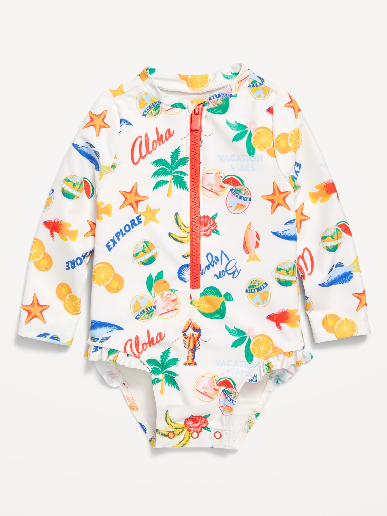 Printed Zip-Front Rashguard One-Piece Swimsuit