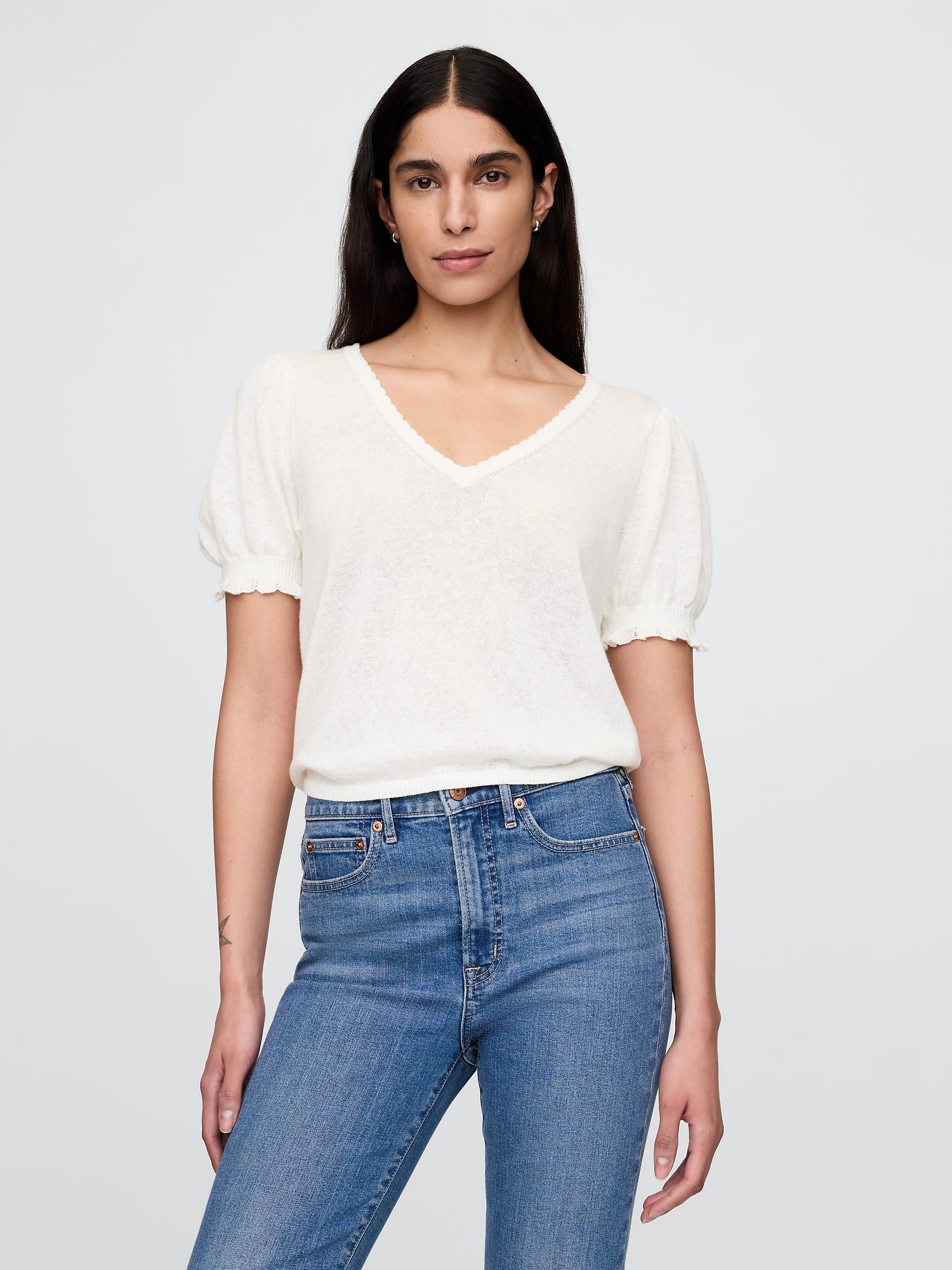Linen-Blend Puff-Sleeve Sweater Top