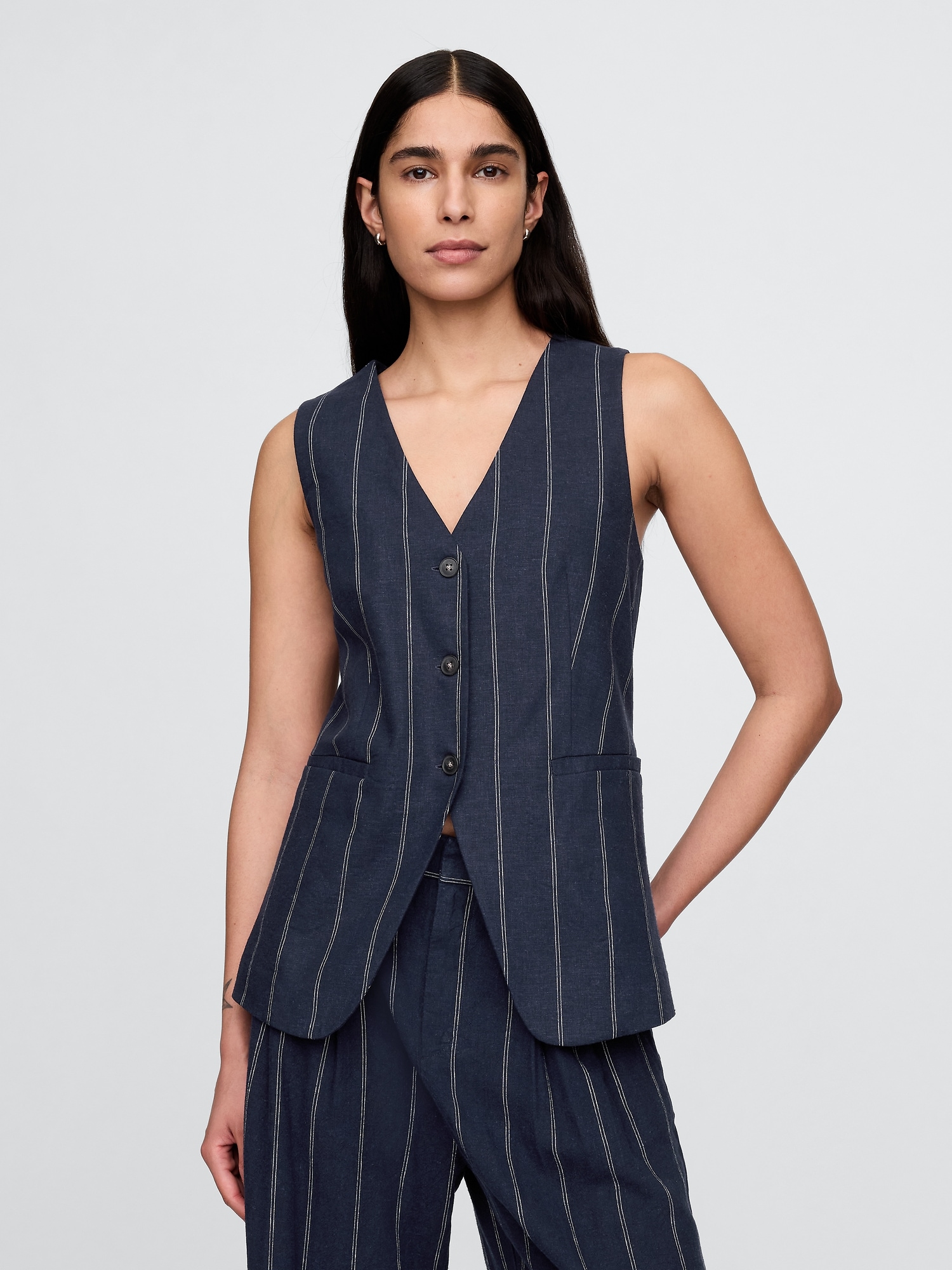 Linen-Blend Longline Vest