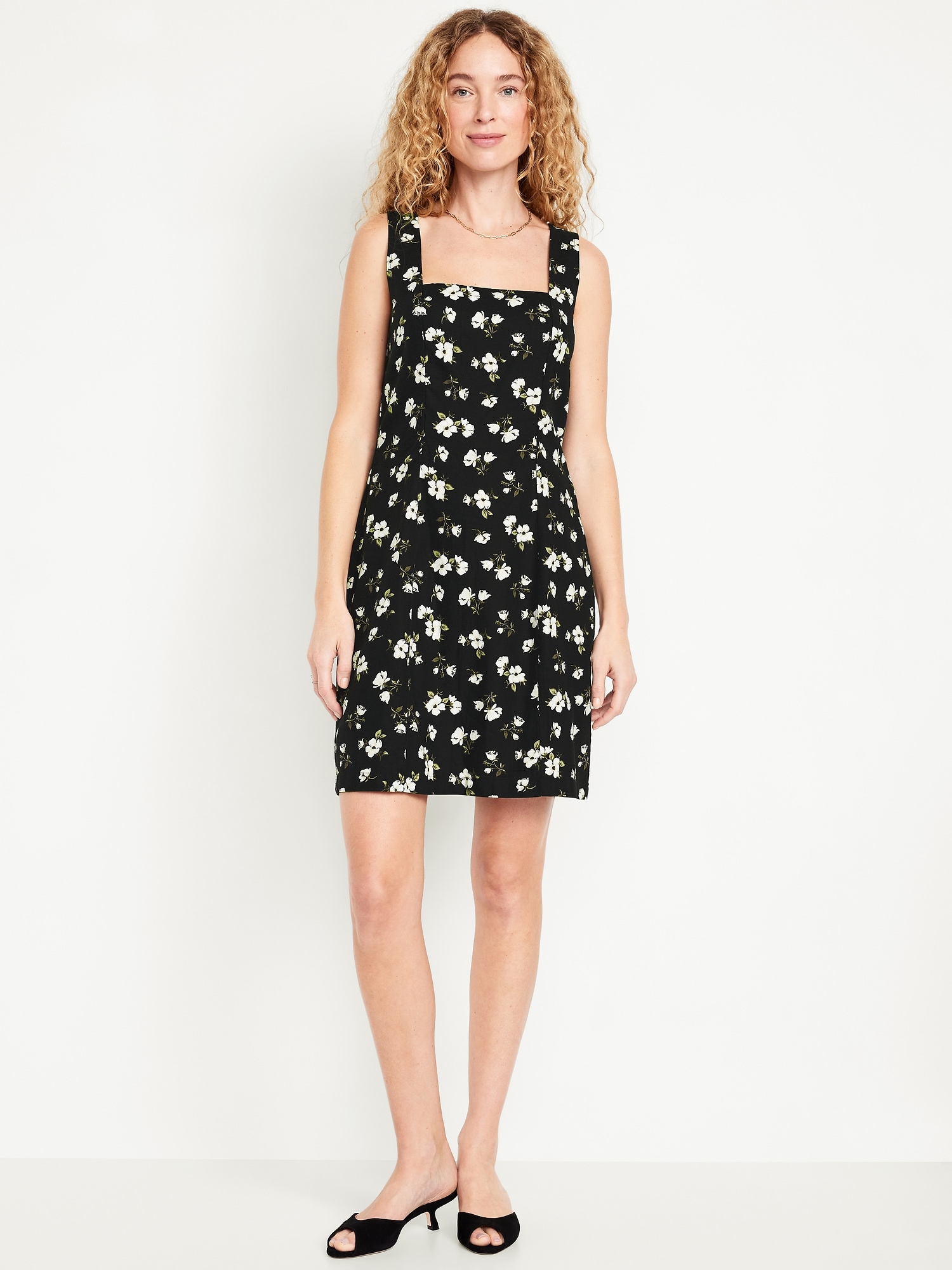 black floral dress old navy Square-Neck Linen-Blend Floral Mini Dress
