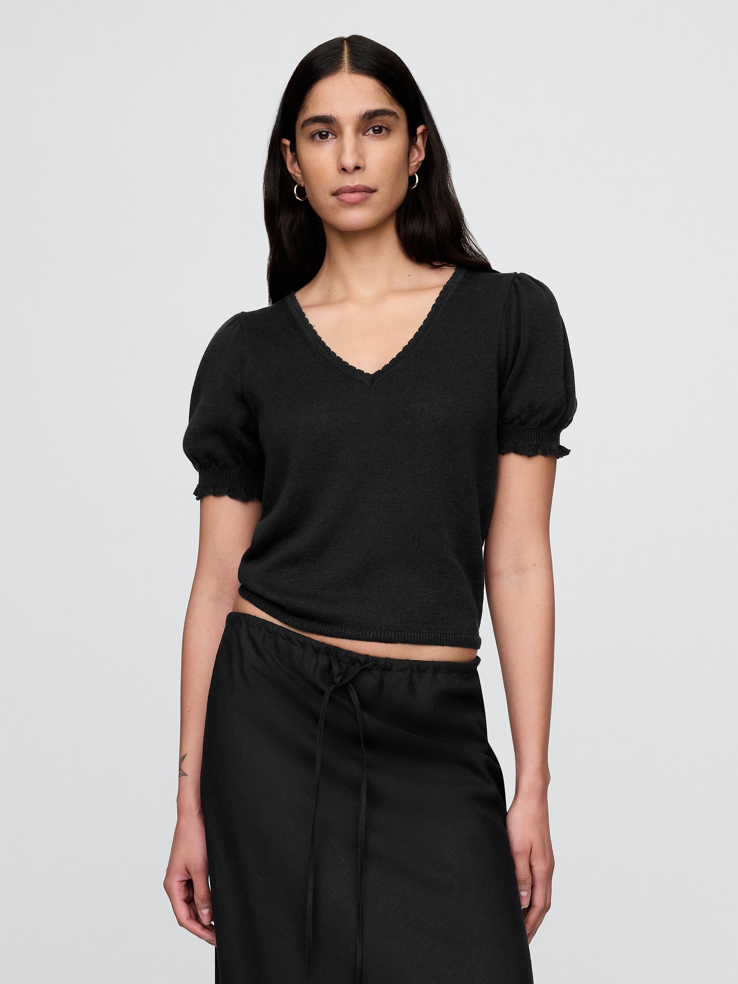 Linen-Blend Puff-Sleeve Sweater Top