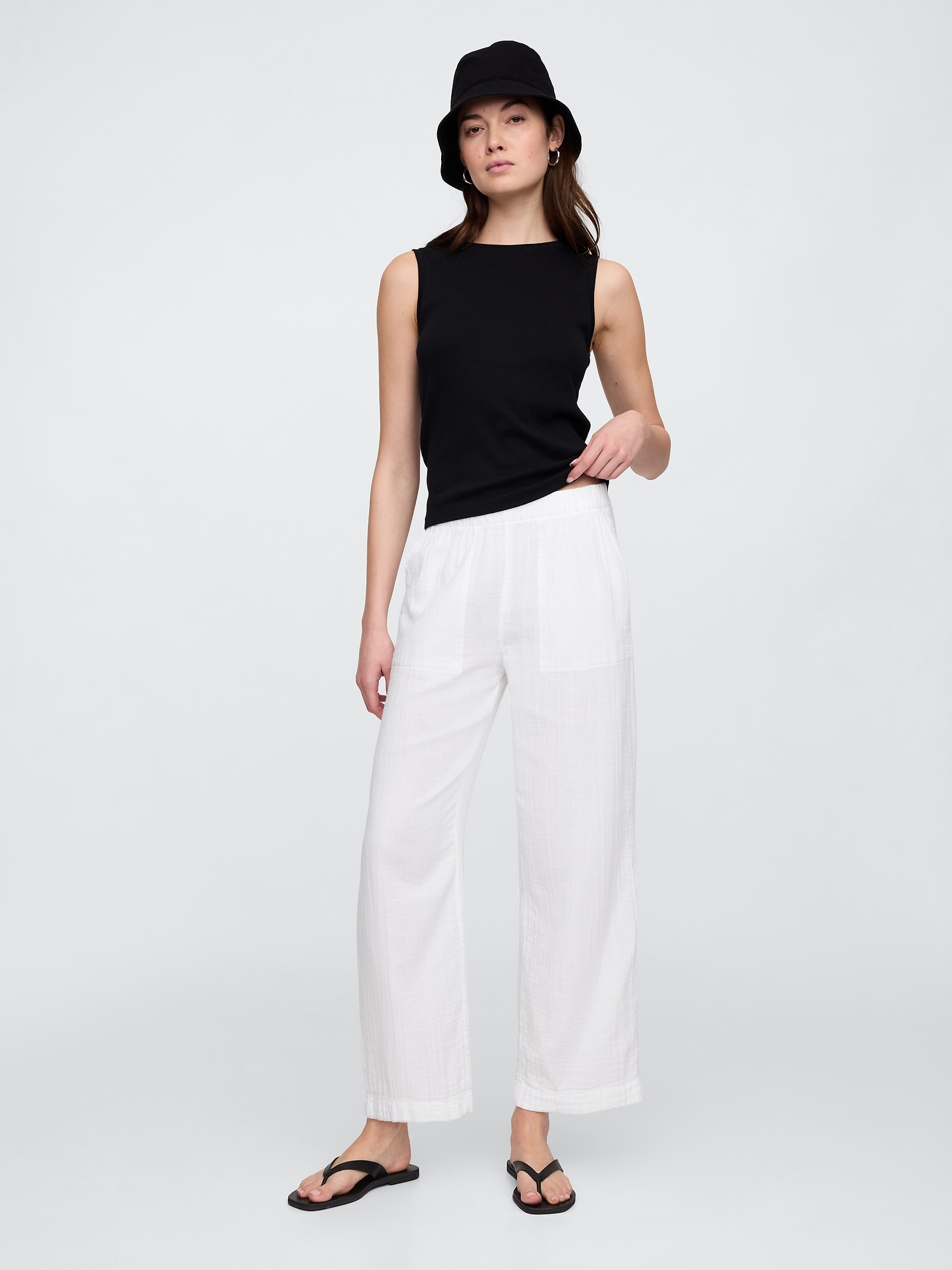 Mid Rise Gauze Pull-On Wide-Leg Pants