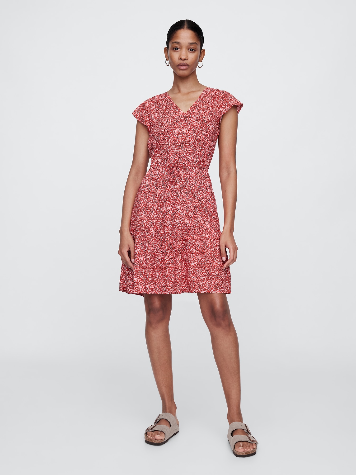 Flutter Sleeve Tie-Waist Mini Dress
