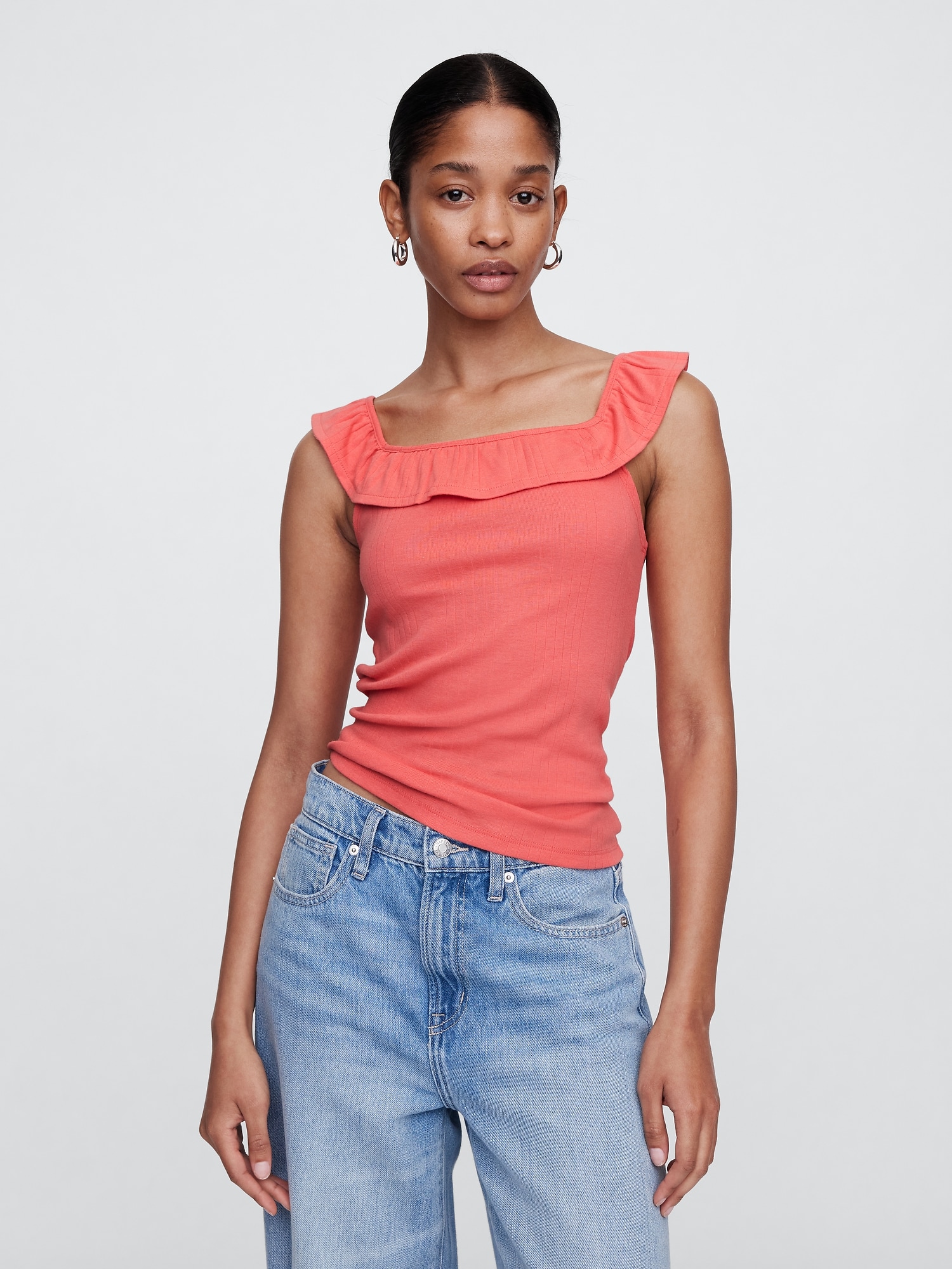 Ribbed Squareneck Ruffle Top