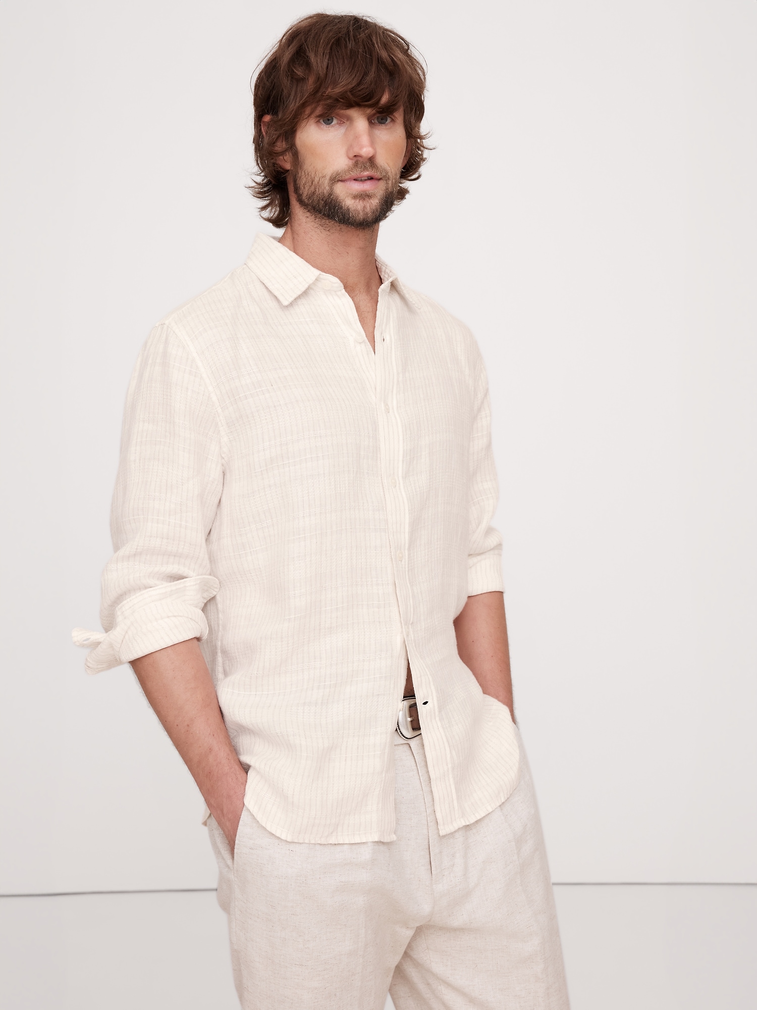 Standard-Fit Texture-Stripe Linen Shirt