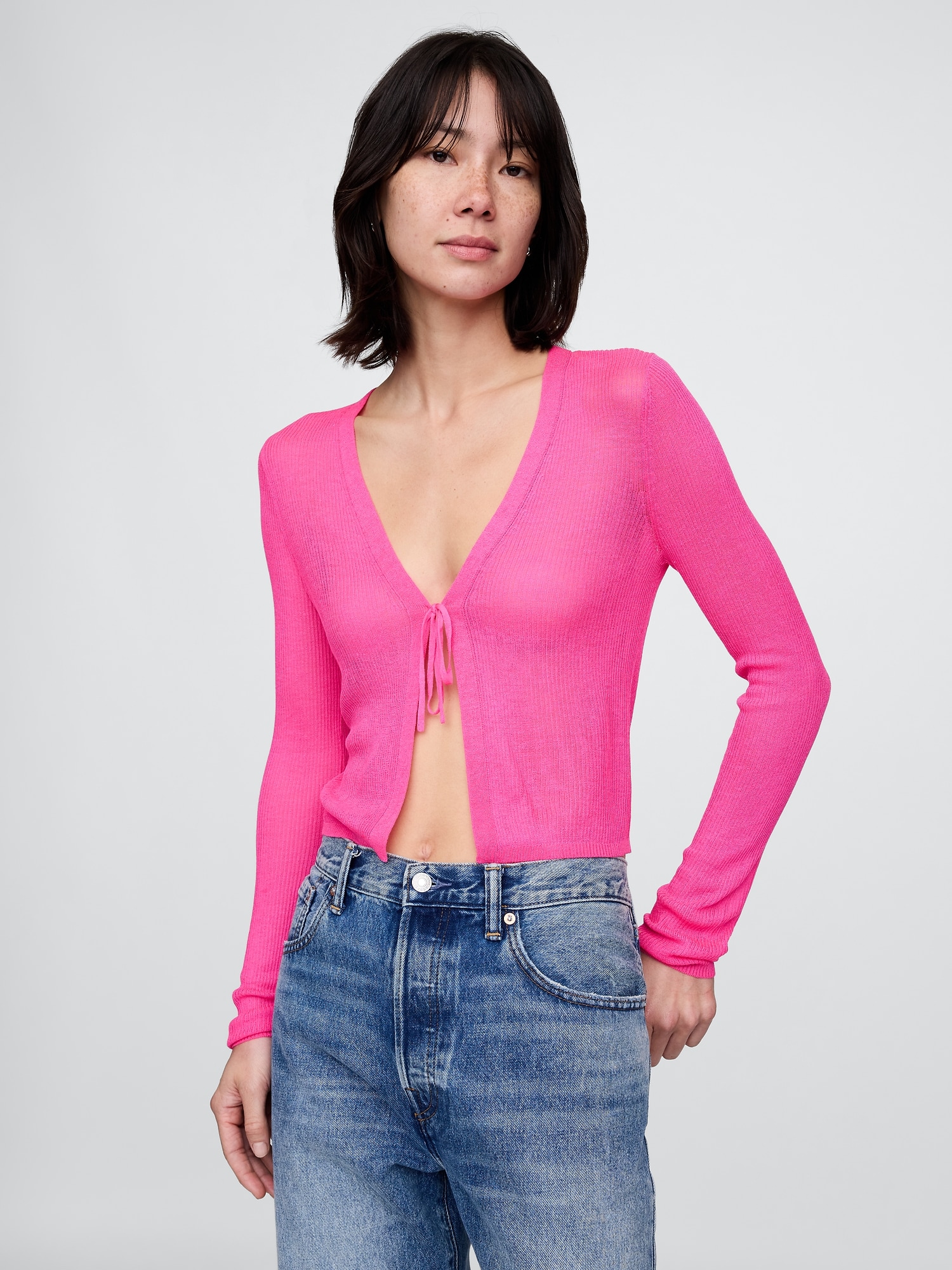 Gap シアーリブ フロントタイ クロップド ニットカーディガン Gap シアーリブ フロントタイ クロップド ニットカーディガン