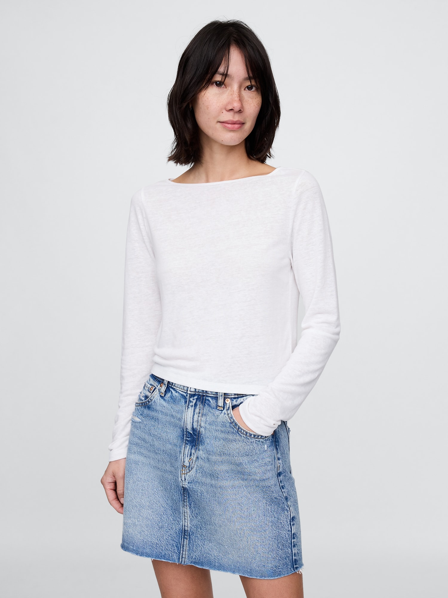 Linen-Blend Boatneck Crop T-Shirt