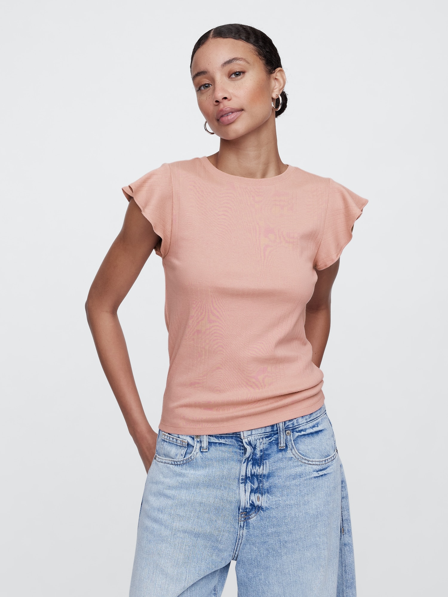Ribbed Flutter Sleeve T-Shirt