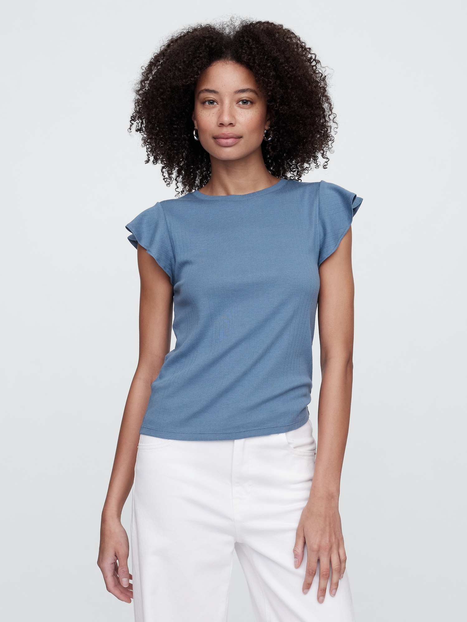 Ribbed Flutter Sleeve T-Shirt