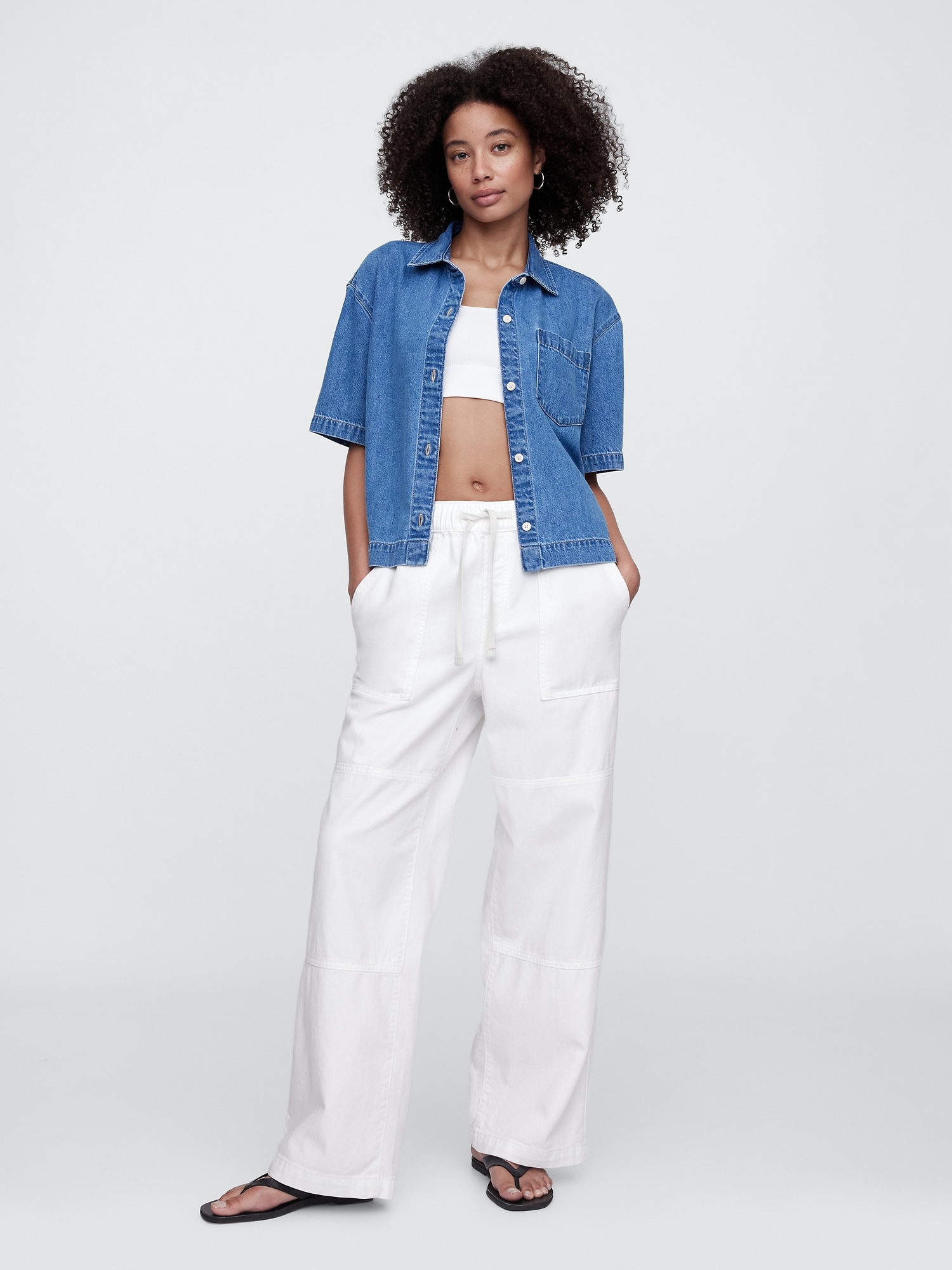 High Rise Pull-On Wide-Leg Utility Jeans