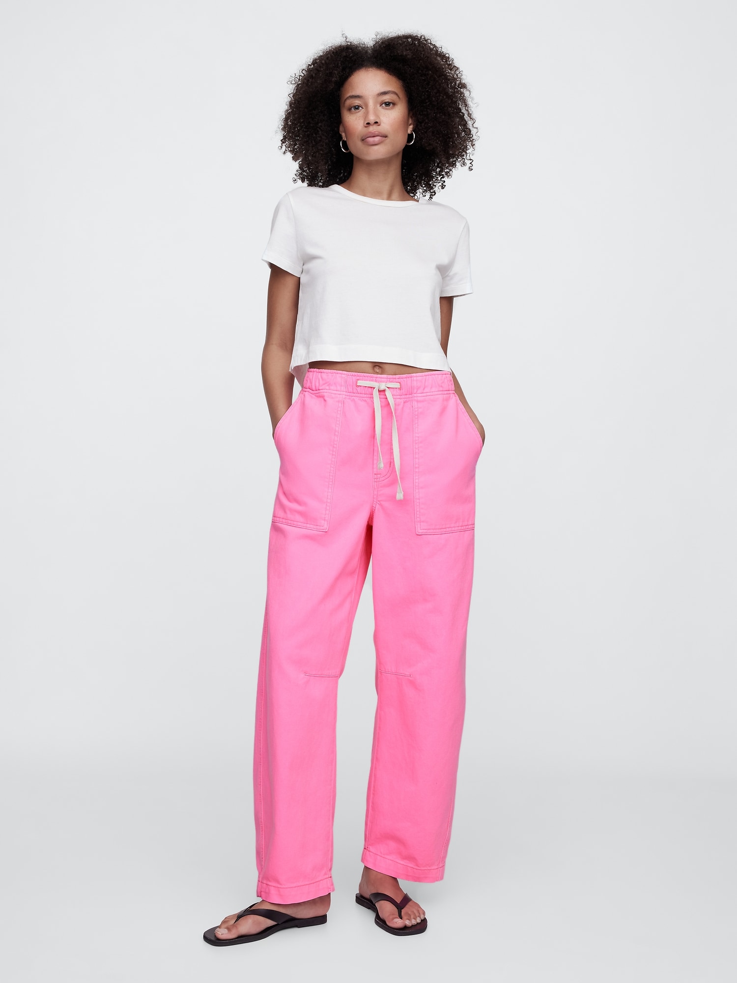 Mid Rise Pull-On Utility Barrel Jeans