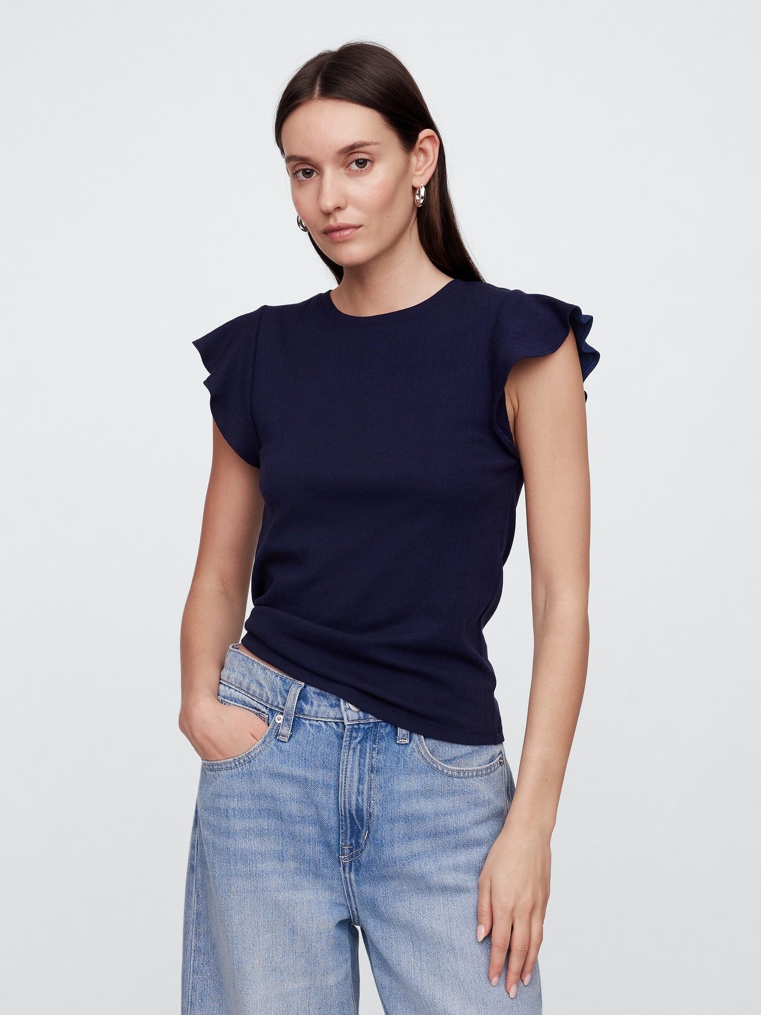 Ribbed Flutter Sleeve T-Shirt