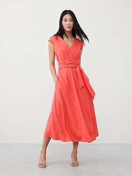 Linen-Blend Wrap Midi Dress | Banana Republic Factory
