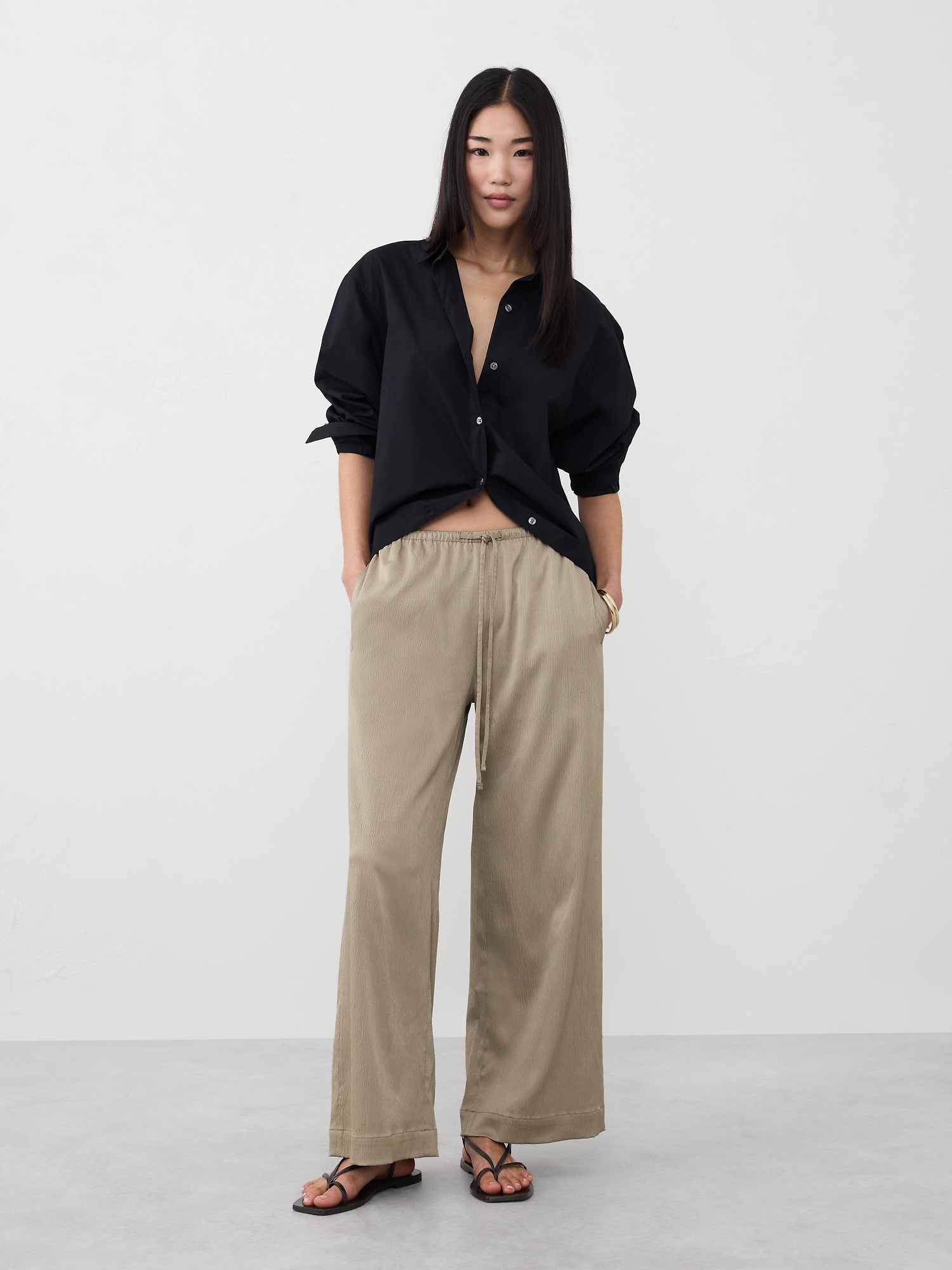 Wide-Leg Crinkled Satin Pull-On Pant