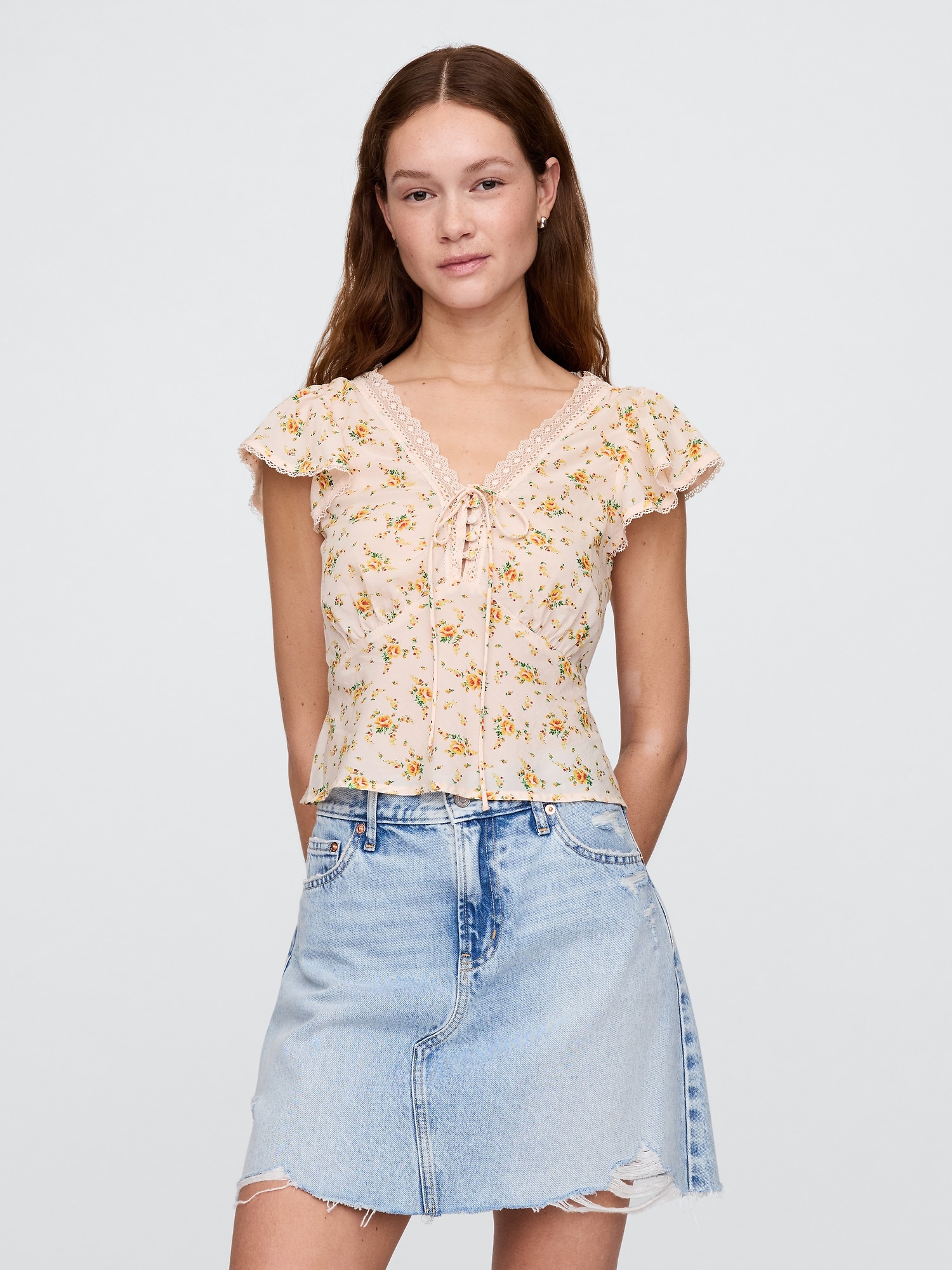 Lace-Trim Floral Top