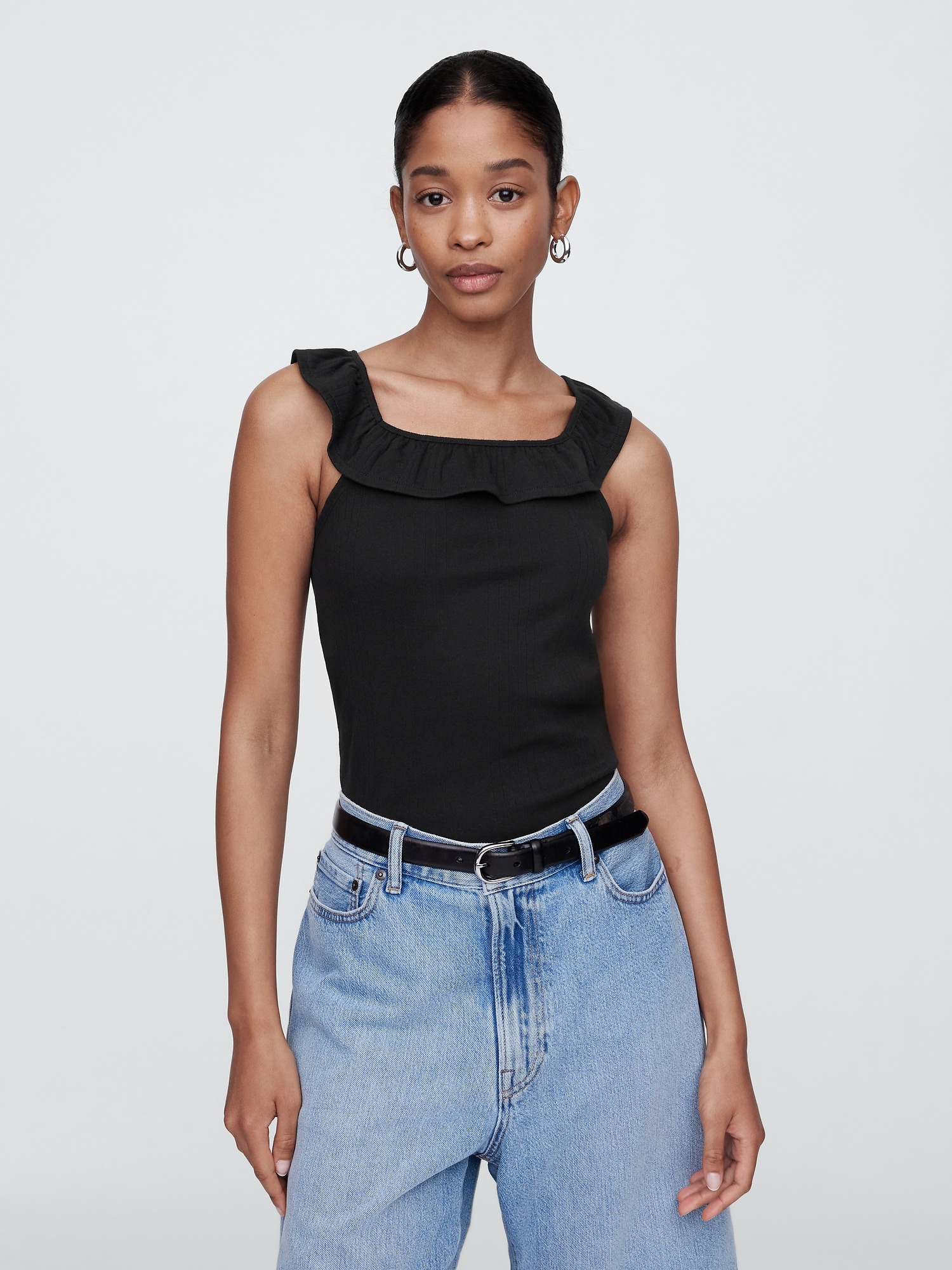 Ribbed Squareneck Ruffle Top