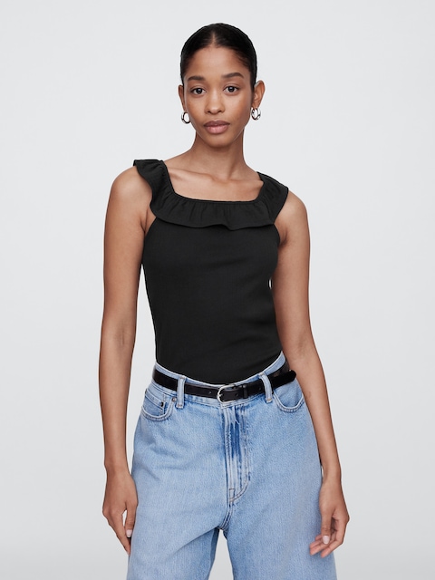 Ribbed Squareneck Ruffle Top