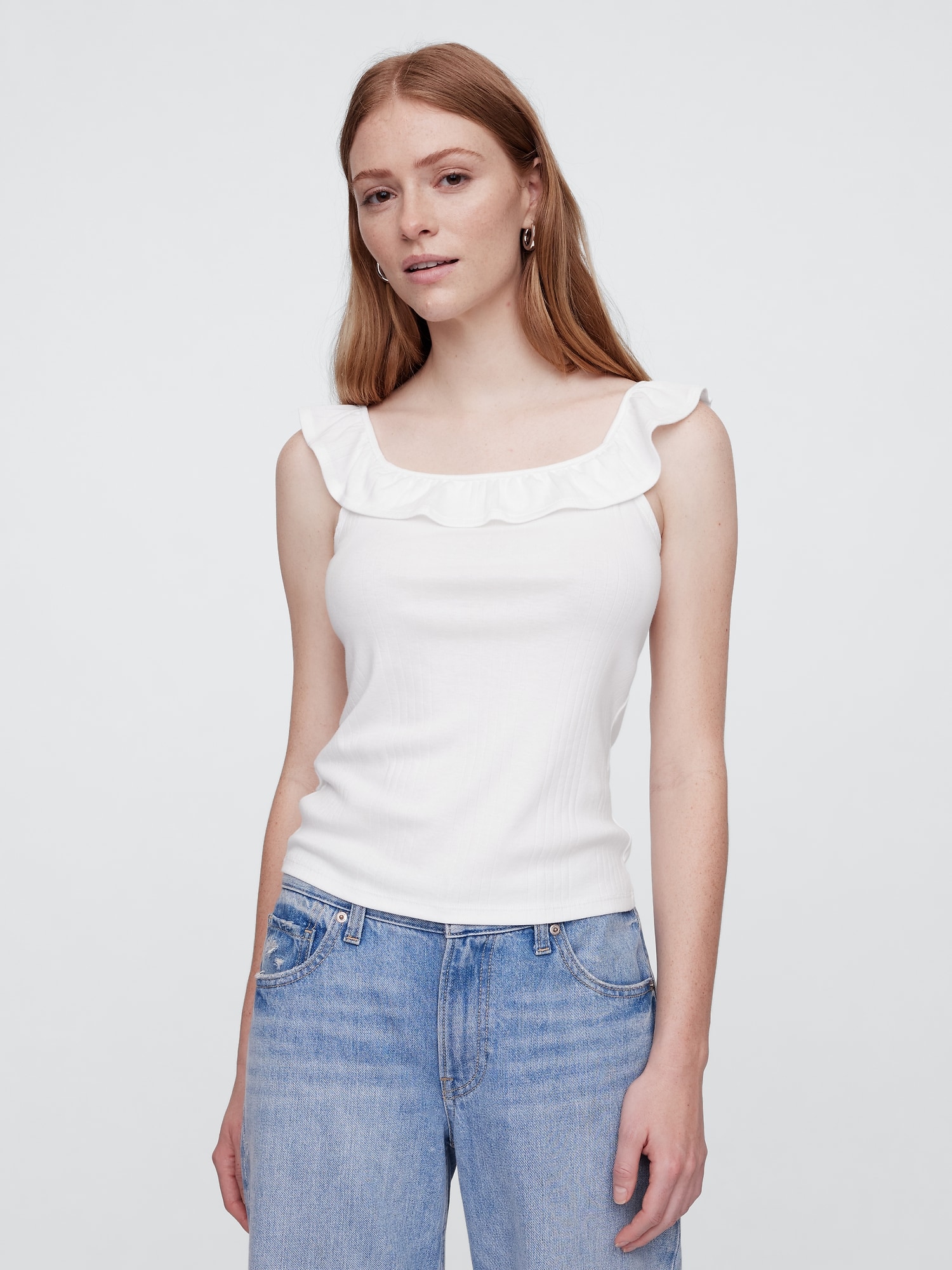 Ribbed Squareneck Ruffle Top