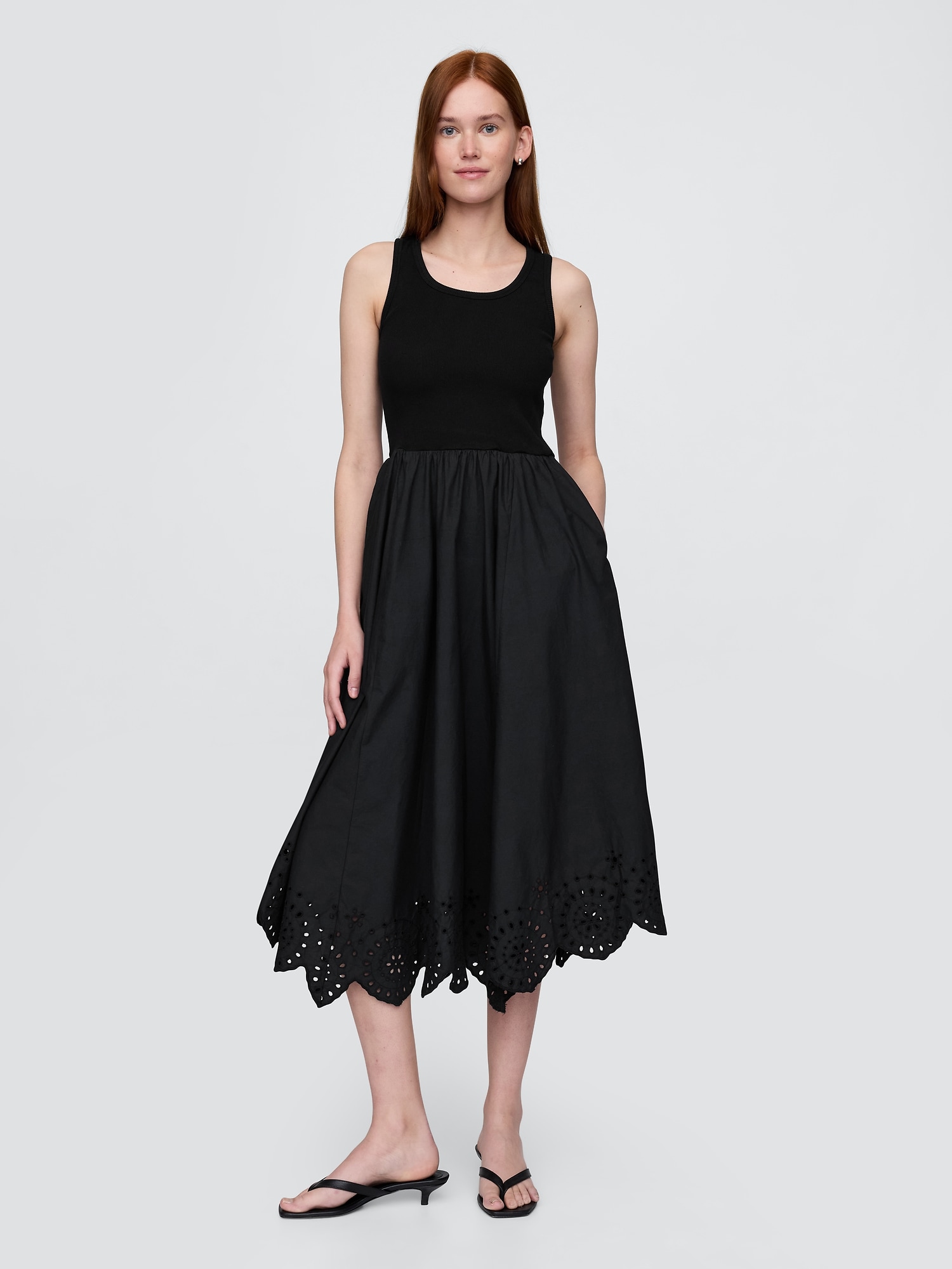 Mixed Media Handkerchief Hem Midi Dress