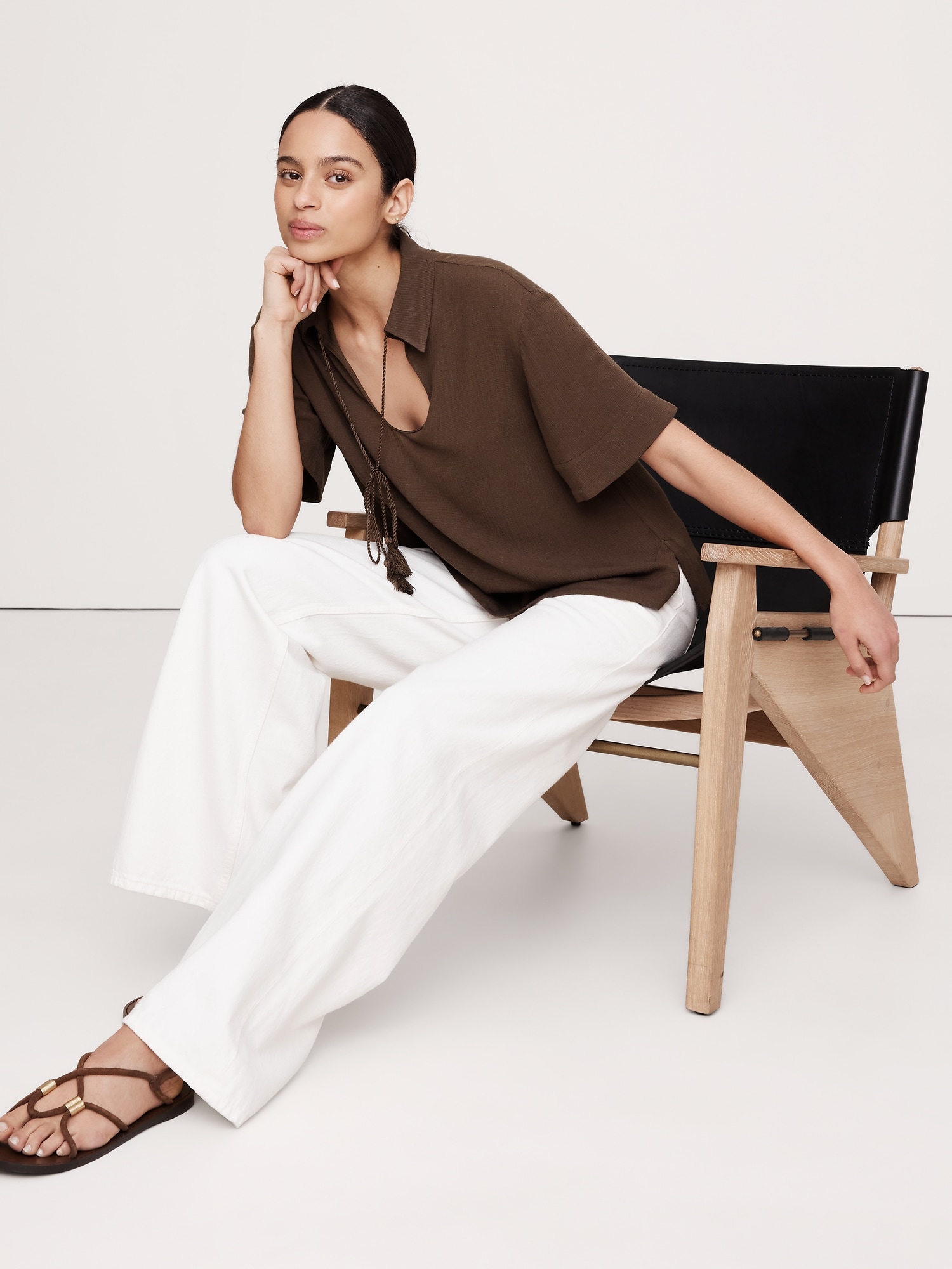 Gauze Tassel-Tie Popover Shirt