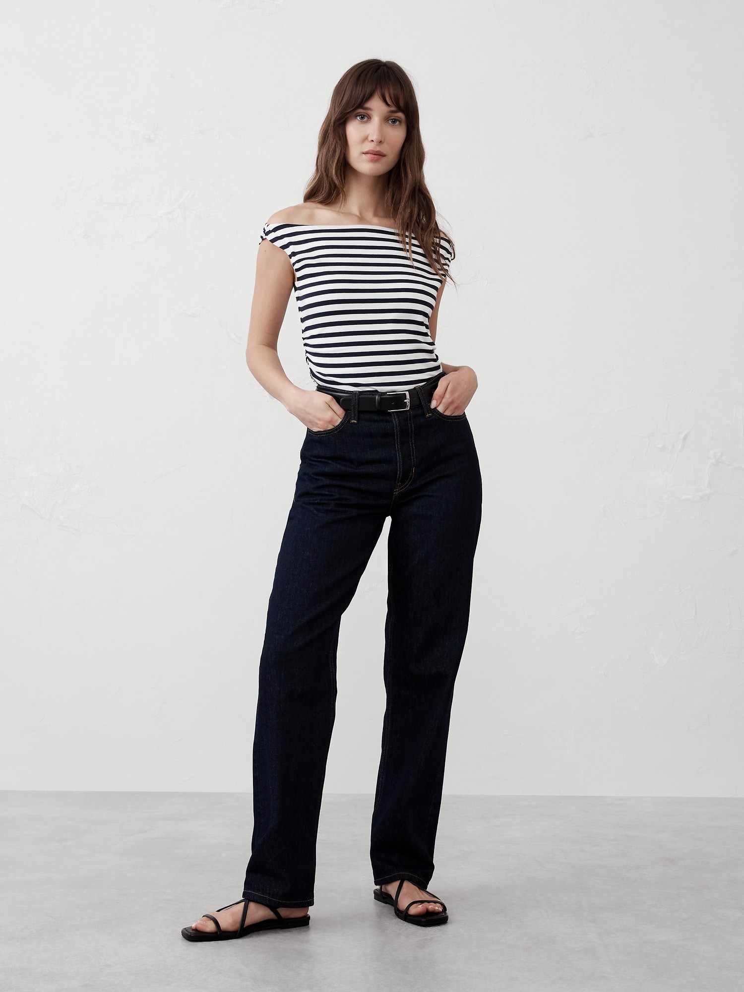 Soft Stretch Shirred-Waist Boatneck Top
